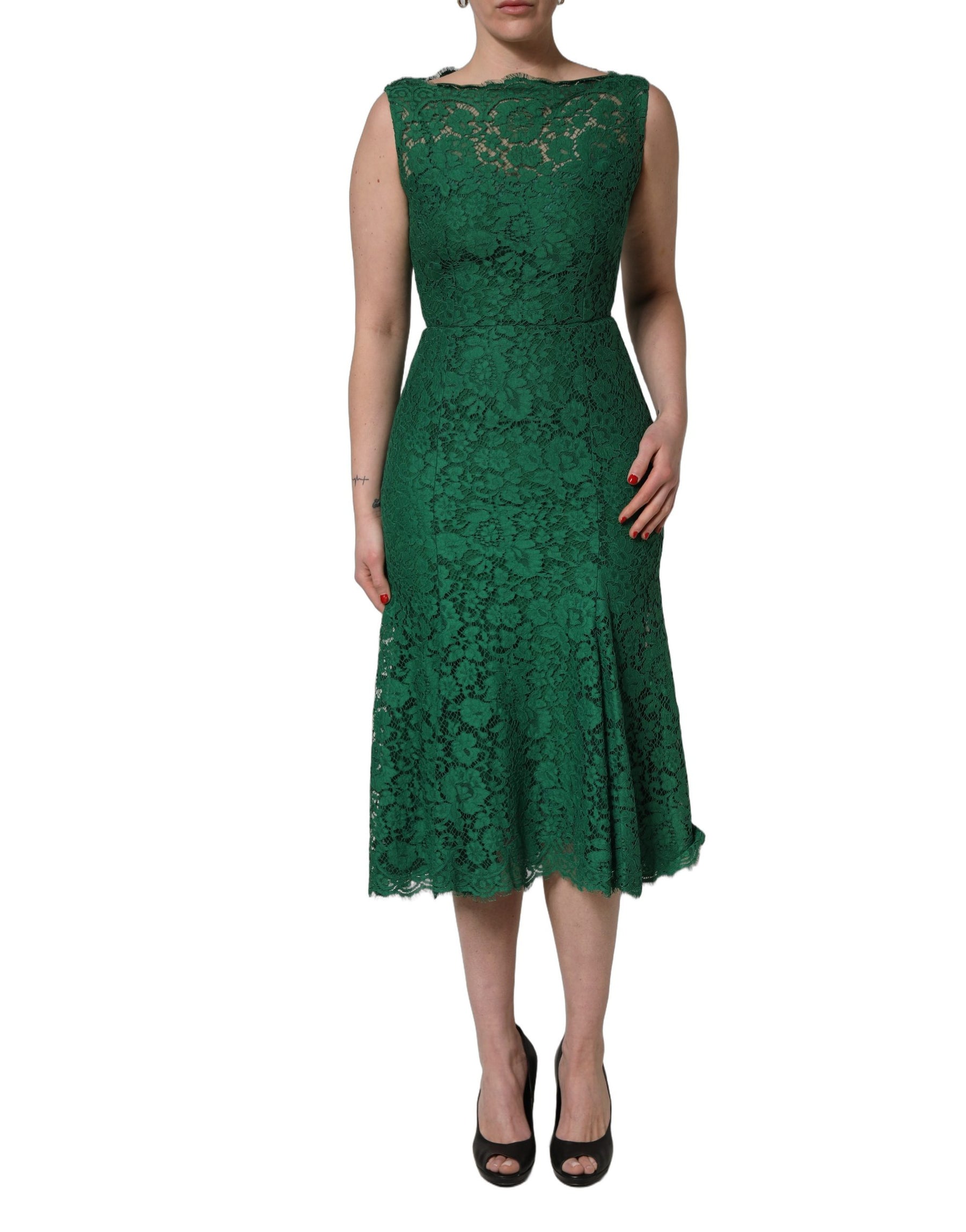 Dolce & Gabbana Green Floral Lace Cotton Sleeveless Midi Dress | Regal Royce