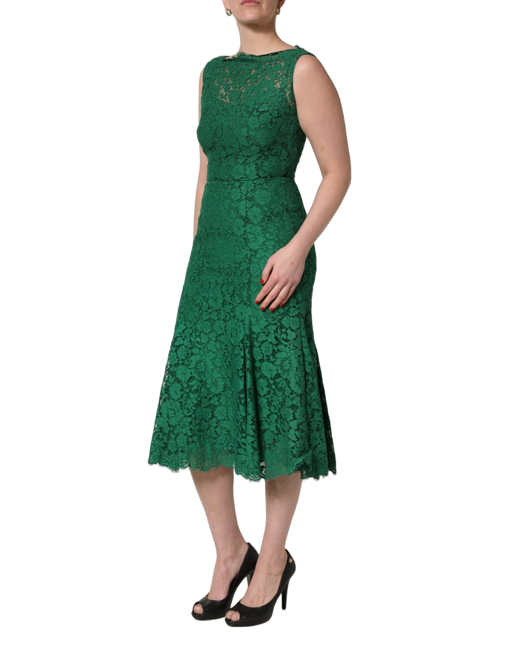 Dolce & Gabbana Green Floral Lace Cotton Sleeveless Midi Dress | Regal Royce
