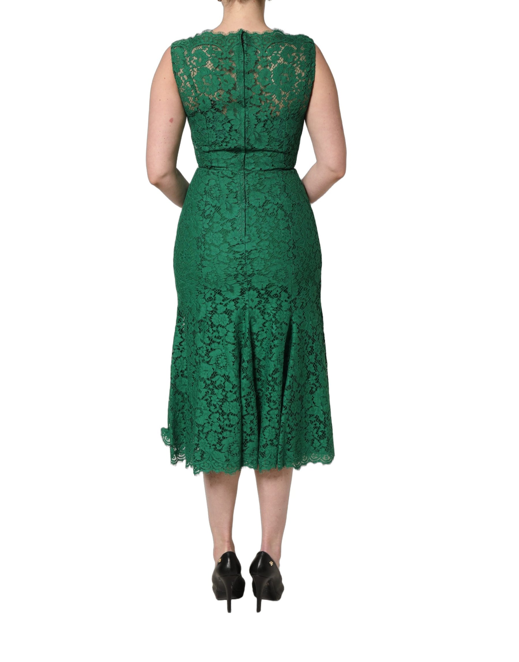 Dolce & Gabbana Green Floral Lace Cotton Sleeveless Midi Dress | Regal Royce