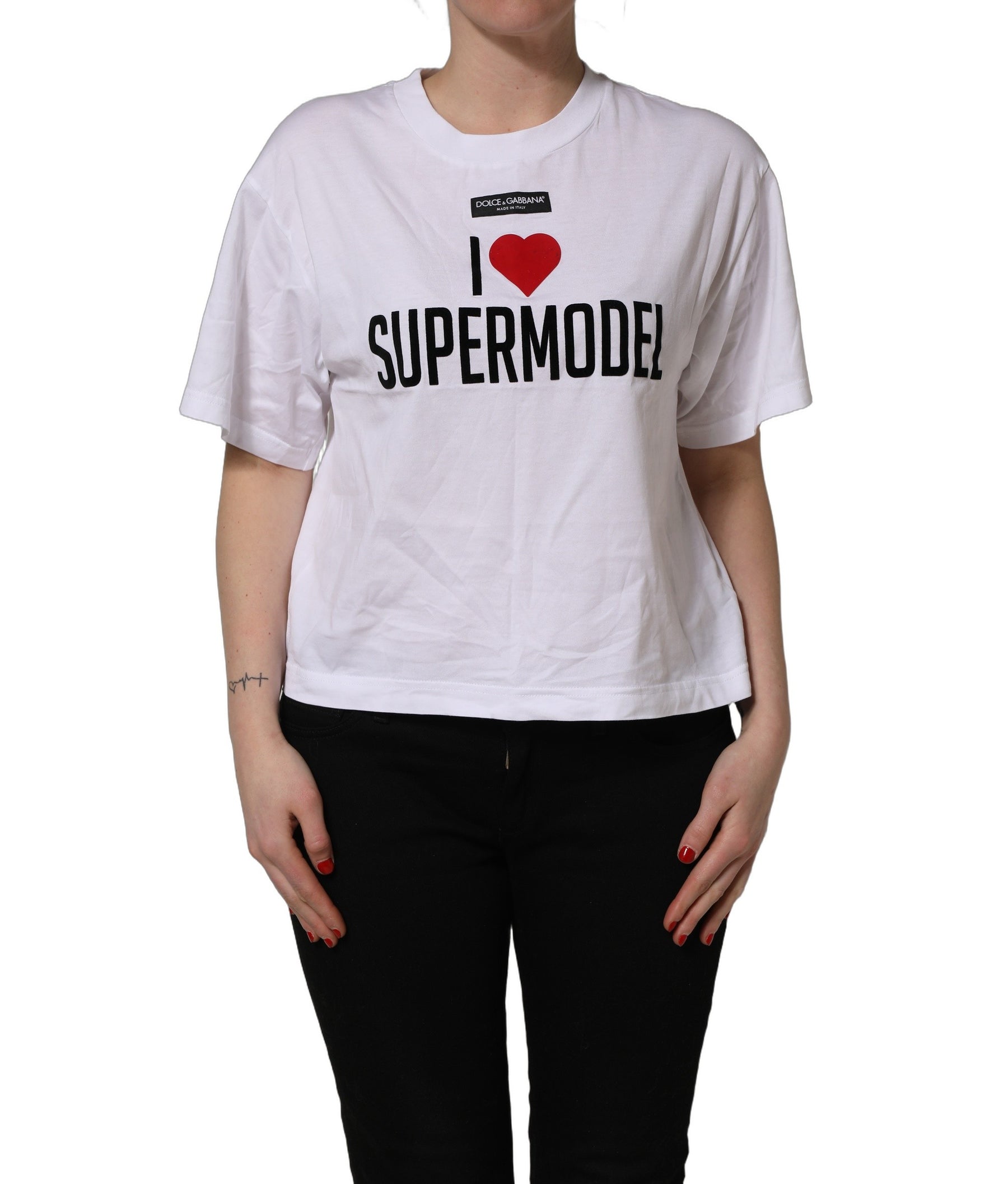 Dolce & Gabbana White I Love Supermodel Cotton Crew Neck T-shirt | Regal Royce