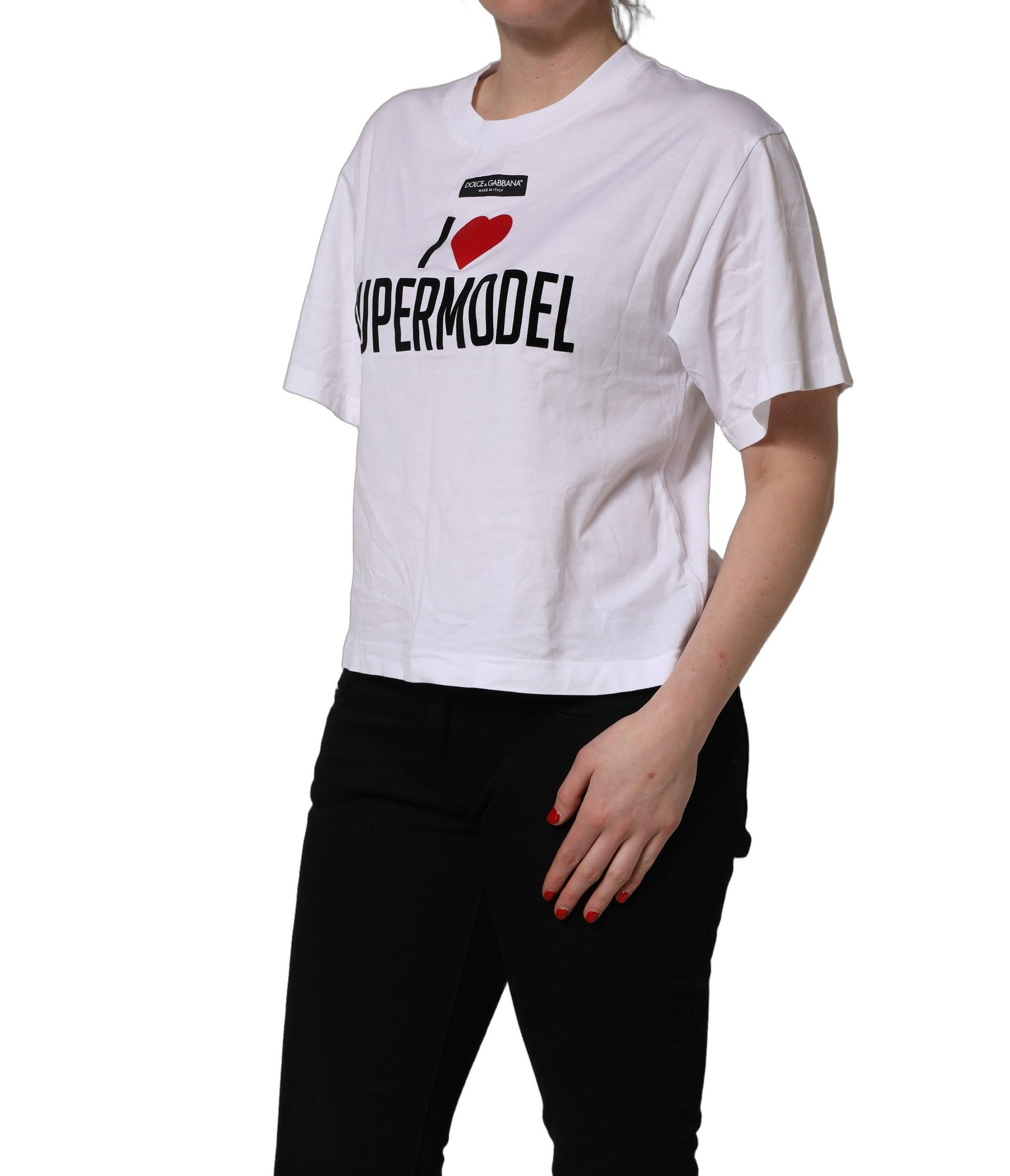 Dolce & Gabbana White I Love Supermodel Cotton Crew Neck T-shirt | Regal Royce