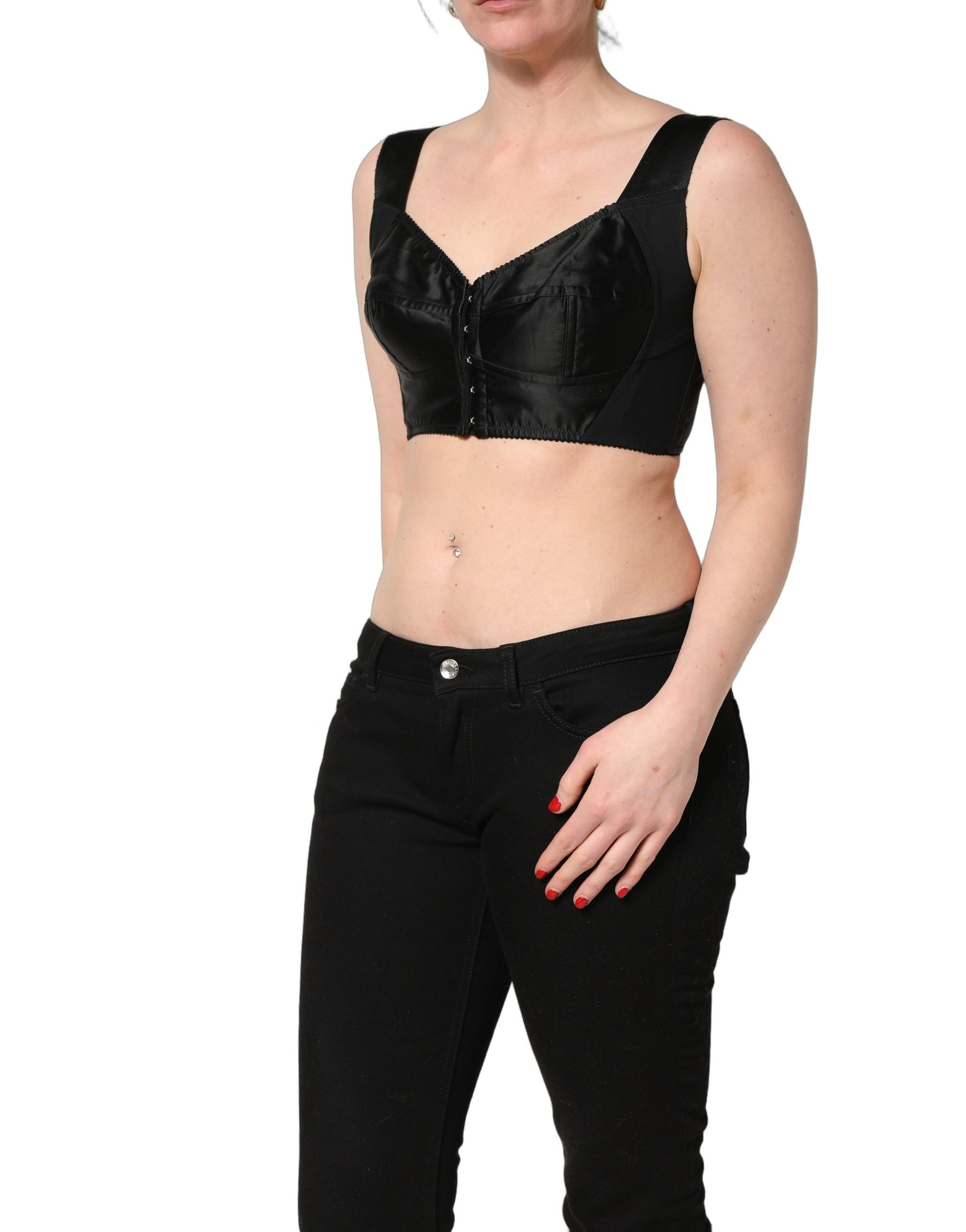 Dolce & Gabbana Black Satin Nylon Corset Sleeveless Cropped Top | Regal Royce