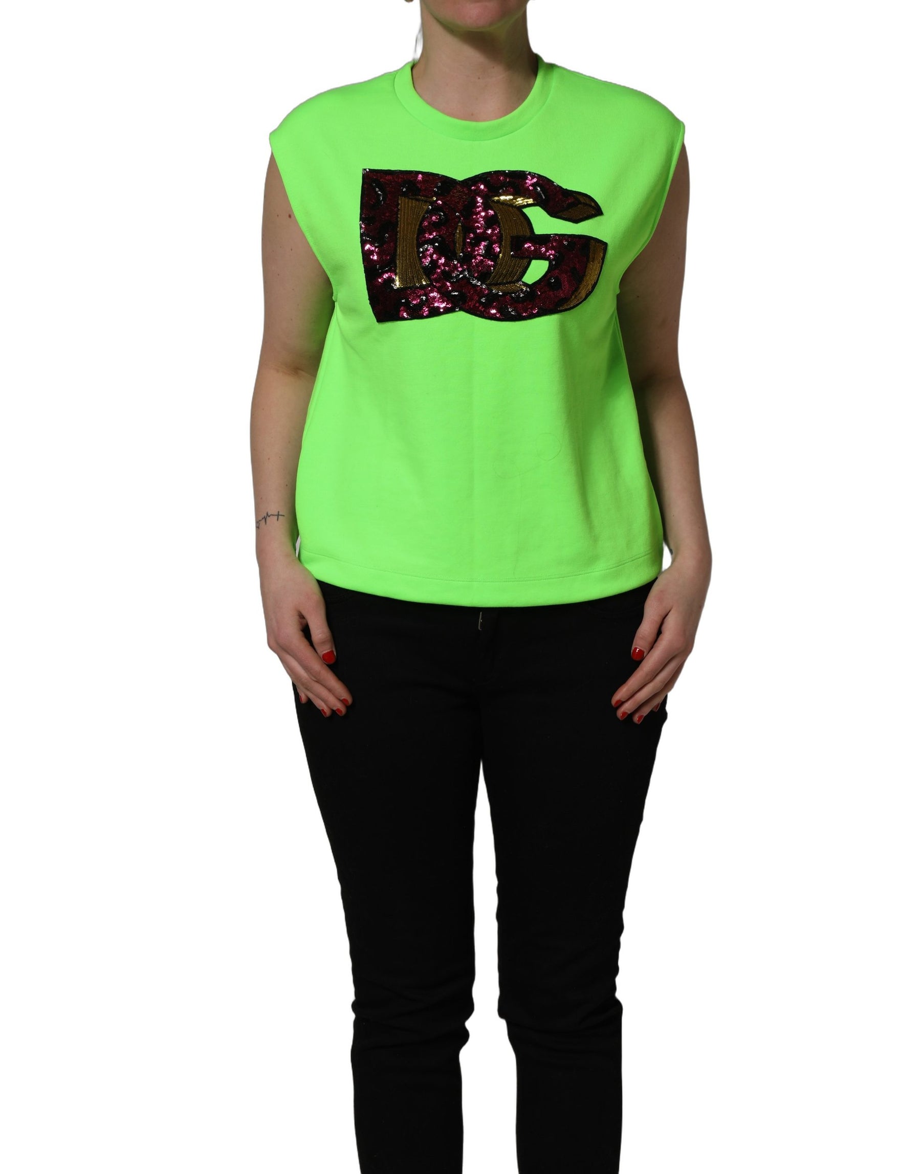 Dolce & Gabbana Neon Green DG Sequined Sleeveless Jersey Top | Regal Royce