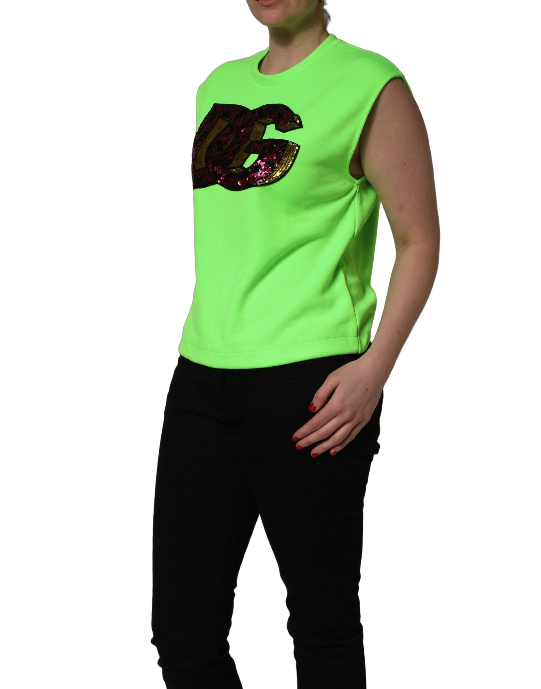 Dolce & Gabbana Neon Green DG Sequined Sleeveless Jersey Top | Regal Royce