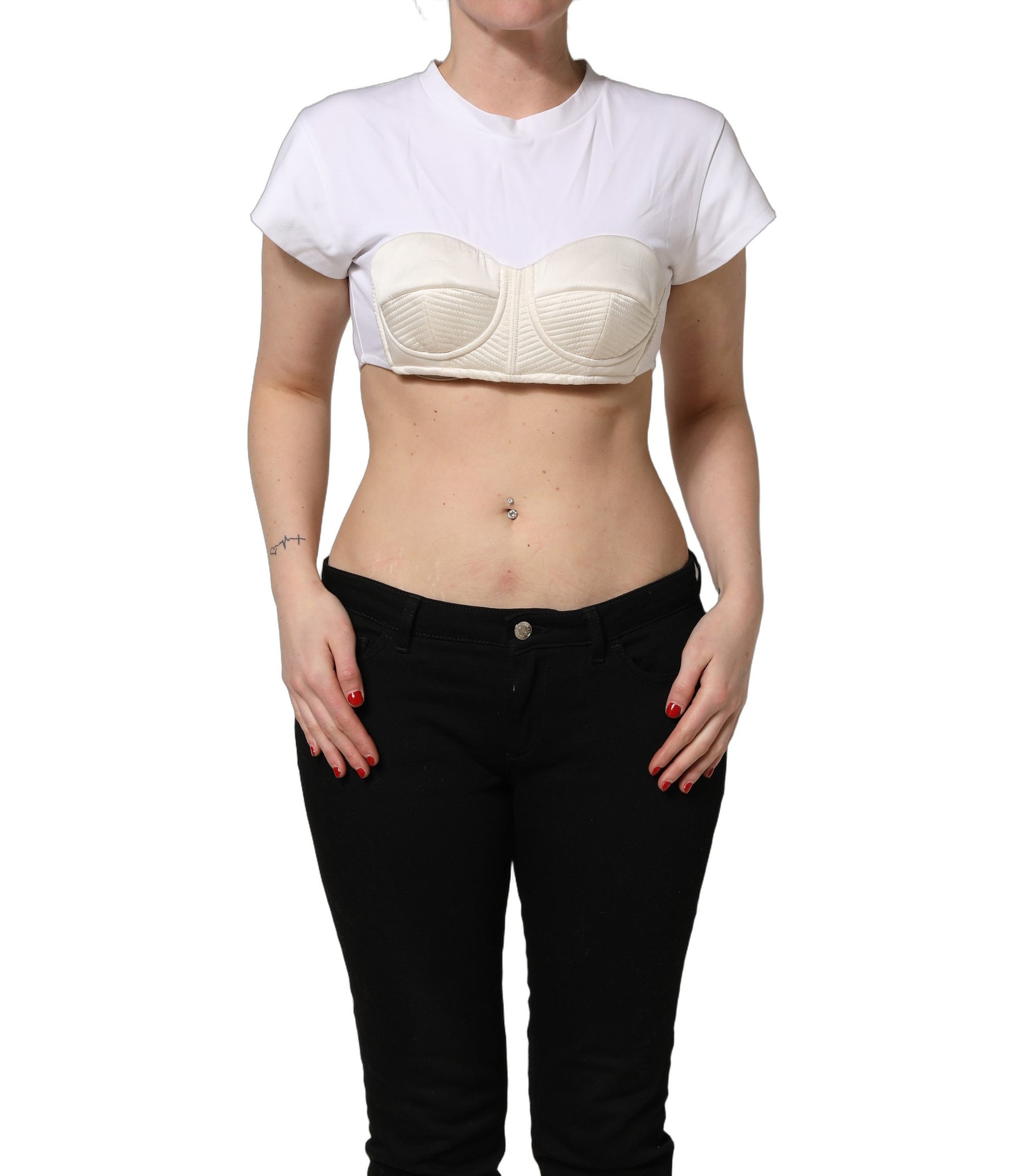 Dolce & Gabbana White Bustier Short Sleeve CrewNeck Cropped Top | Regal Royce