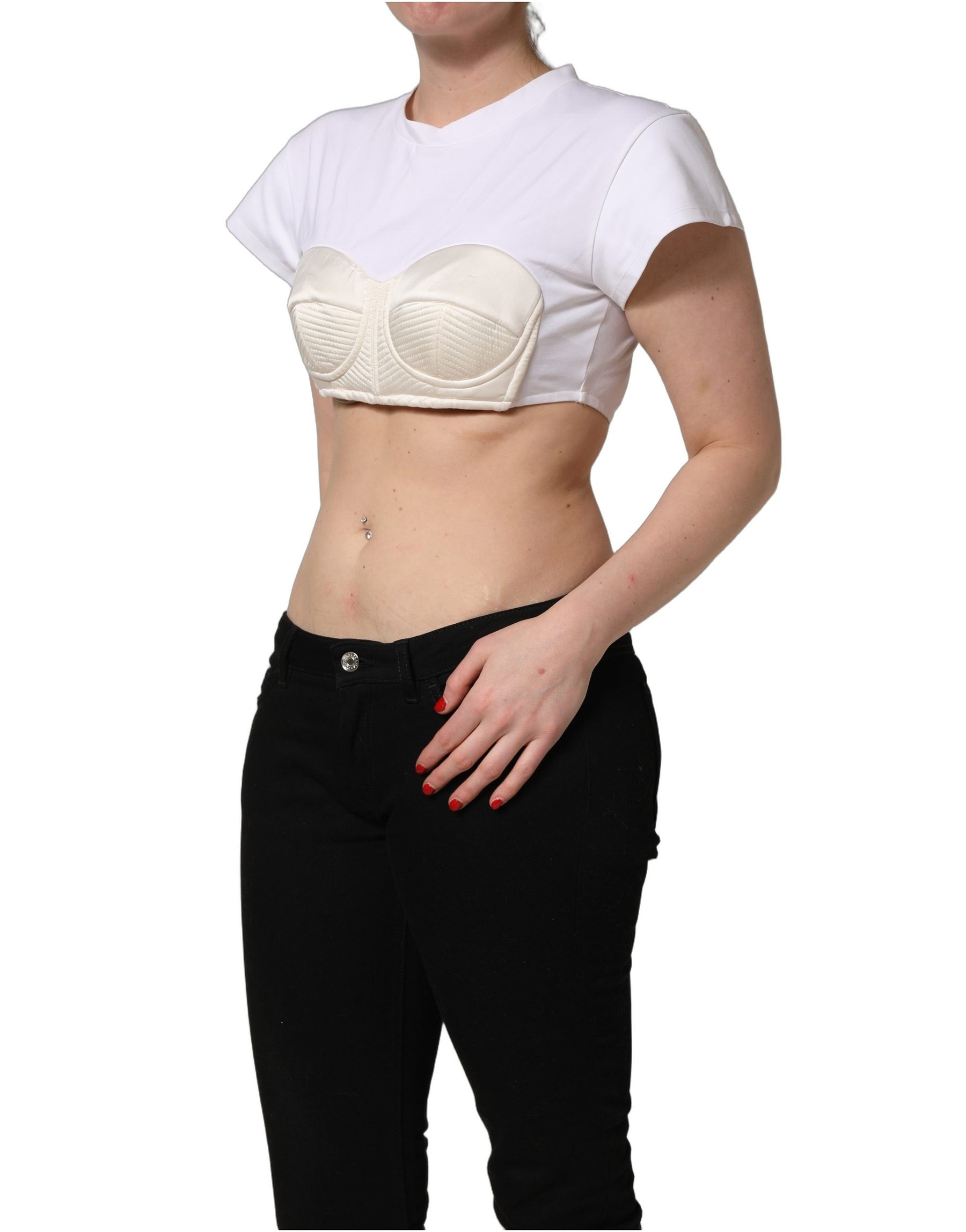 Dolce & Gabbana White Bustier Short Sleeve CrewNeck Cropped Top | Regal Royce