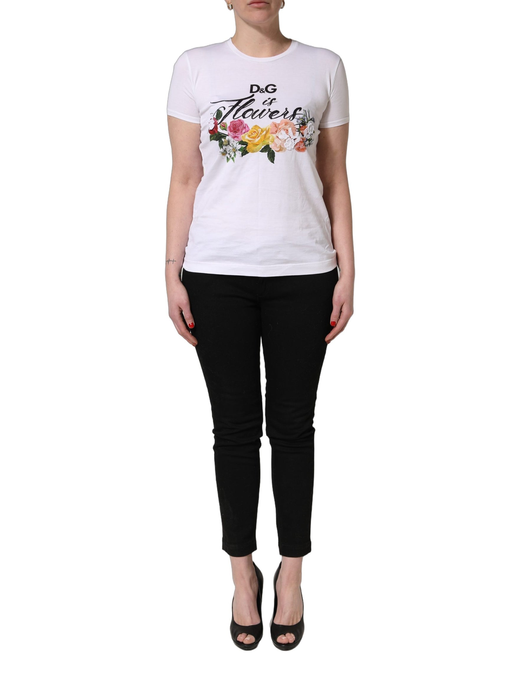 Dolce & Gabbana White Floral Graphic Short Sleeve Crew Neck T-shirt | Regal Royce