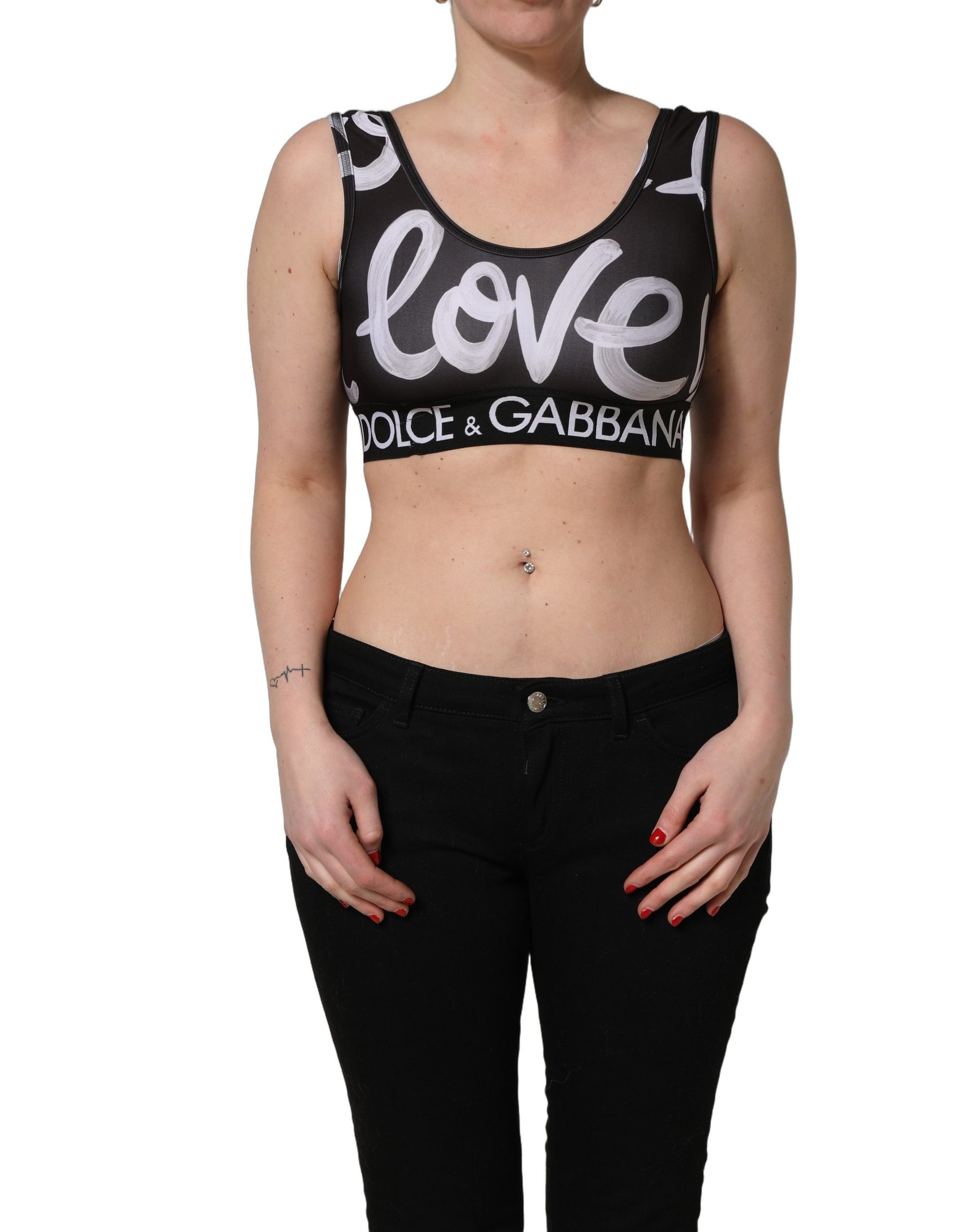 Dolce & Gabbana Black DG Love Yourself Sports Bra Cropped Top | Regal Royce