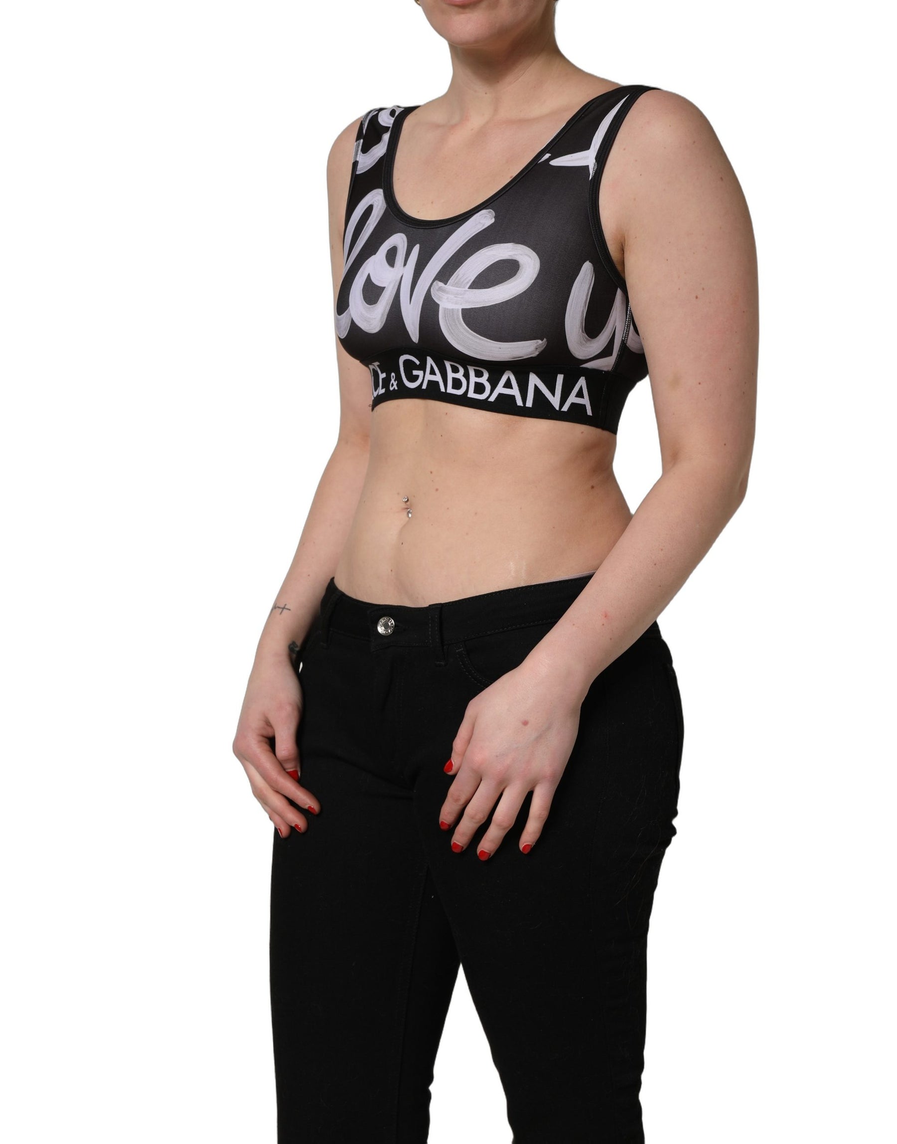 Dolce & Gabbana Black DG Love Yourself Sports Bra Cropped Top | Regal Royce