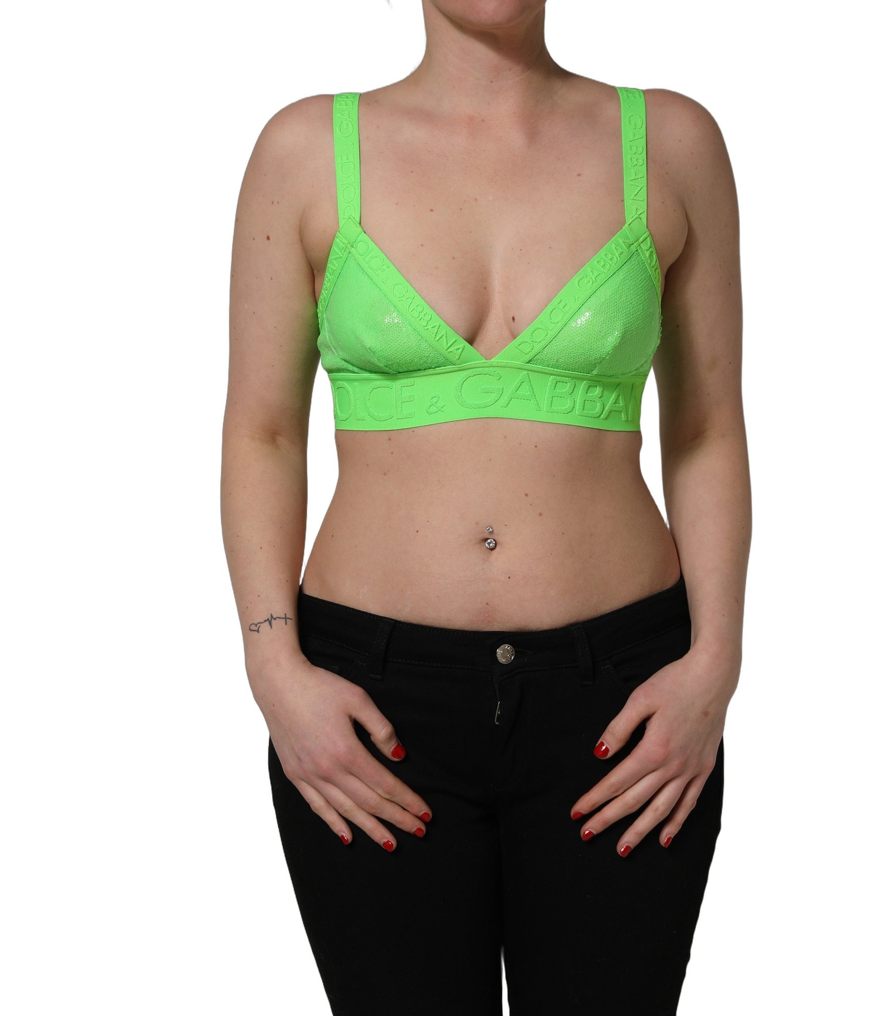 Dolce & Gabbana Neon Green Soft Cup Logo-Trim Bra Cropped Top | Regal Royce