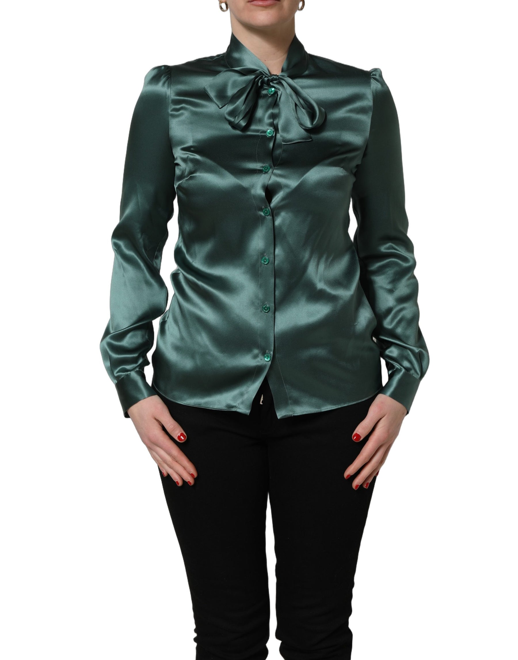 Dolce & Gabbana Dark Green Silk Satin Blouse Neck Tie Top | Regal Royce