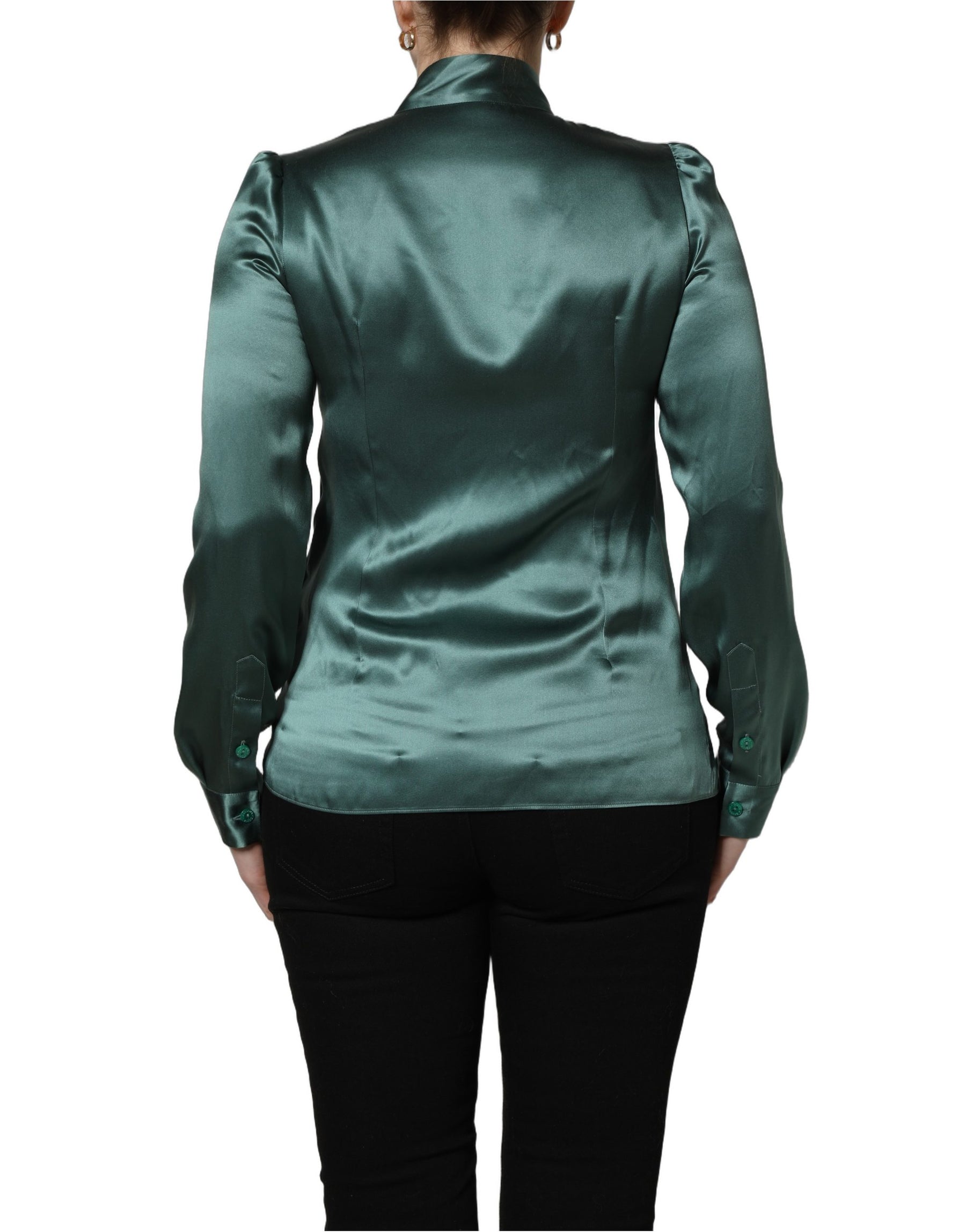 Dolce & Gabbana Dark Green Silk Satin Blouse Neck Tie Top | Regal Royce