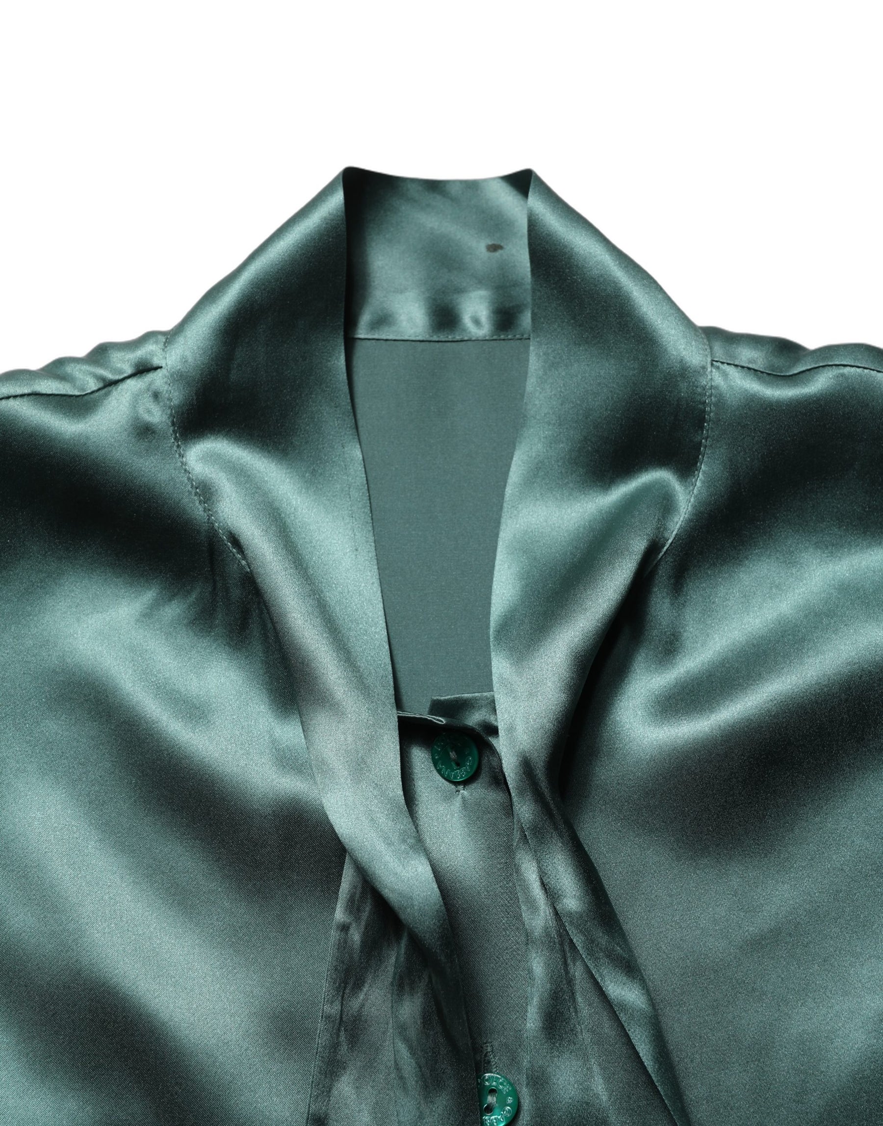 Dolce & Gabbana Dark Green Silk Satin Blouse Neck Tie Top | Regal Royce