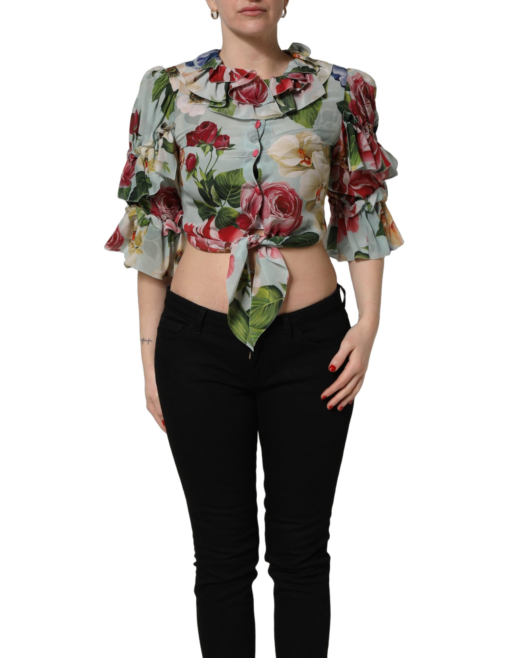 Dolce & Gabbana Multicolor Floral Silk Cropped Shirt Top | Regal Royce
