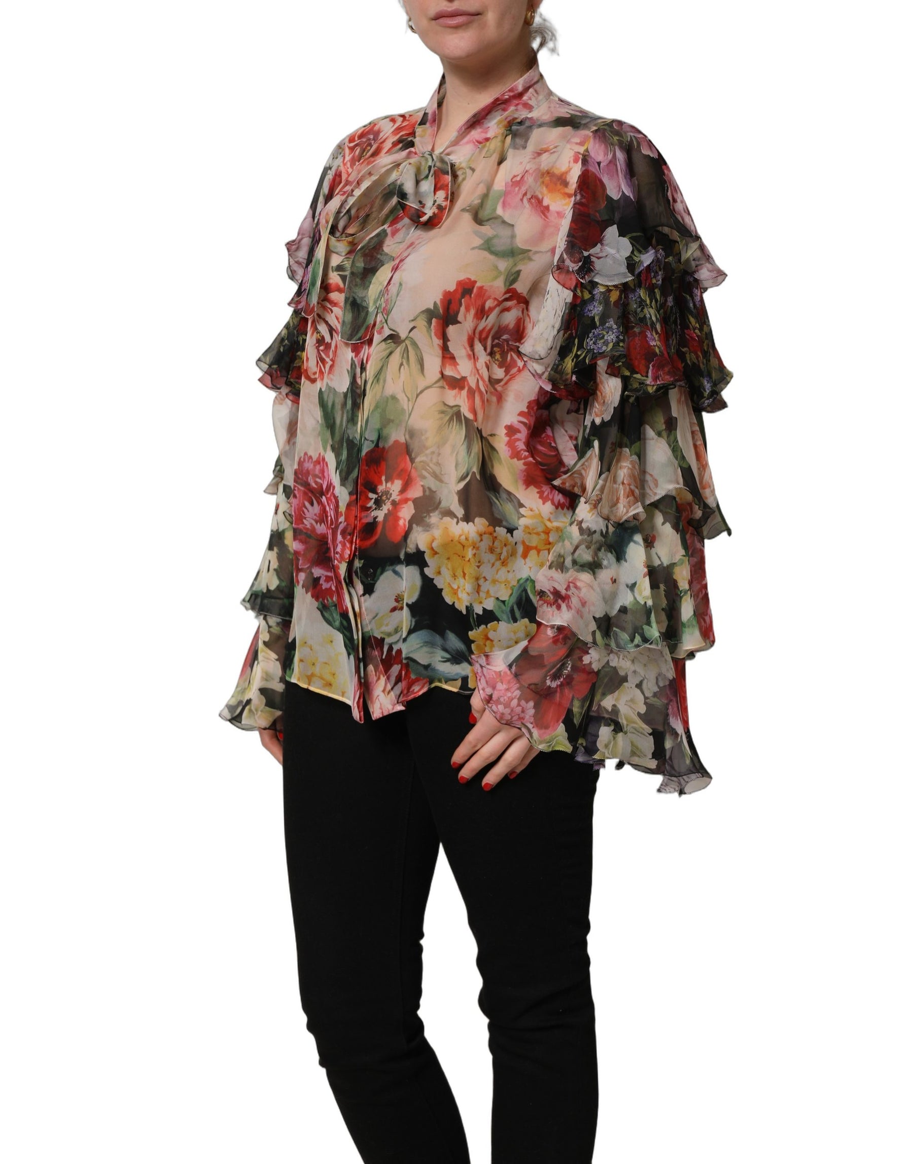 Dolce & Gabbana Multicolor Floral Tie-Neck Silk Chiffon Blouse Top | Regal Royce