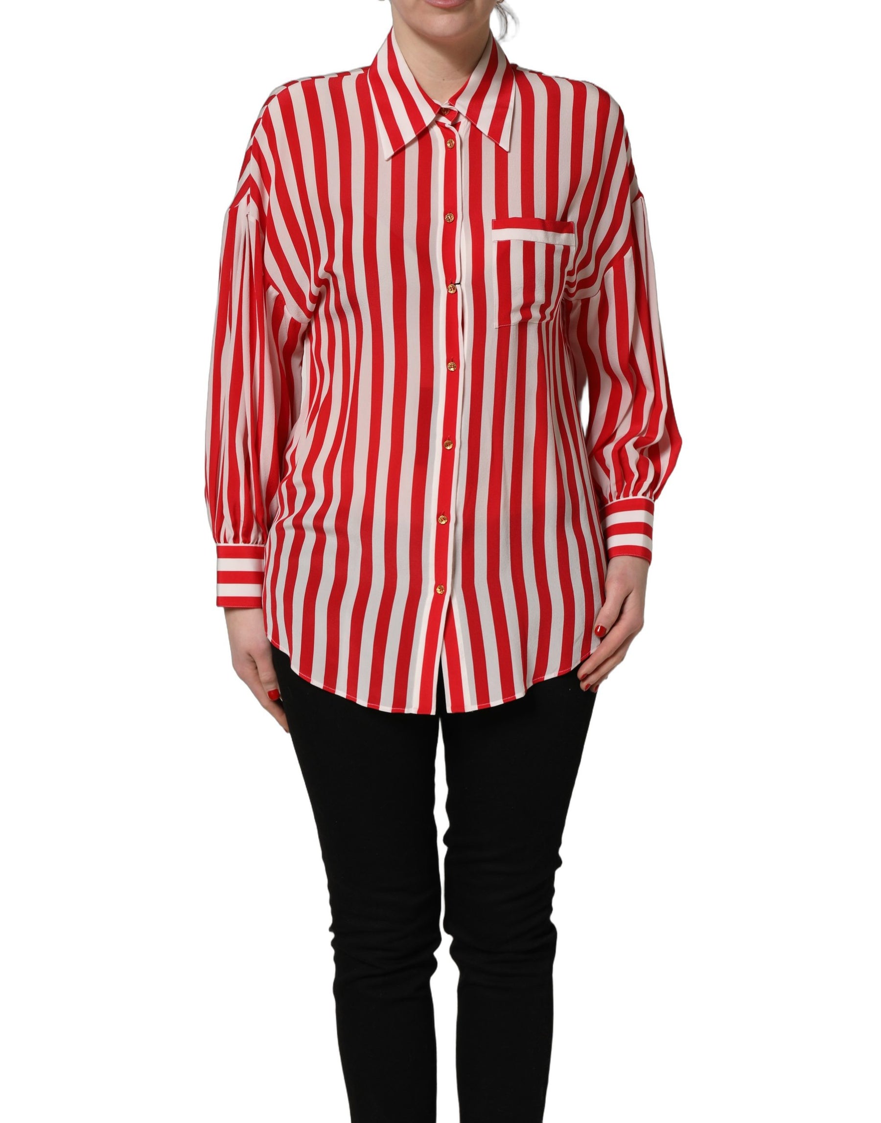 Dolce & Gabbana Red White Striped Long Sleeve Silk Blouse Top | Regal Royce