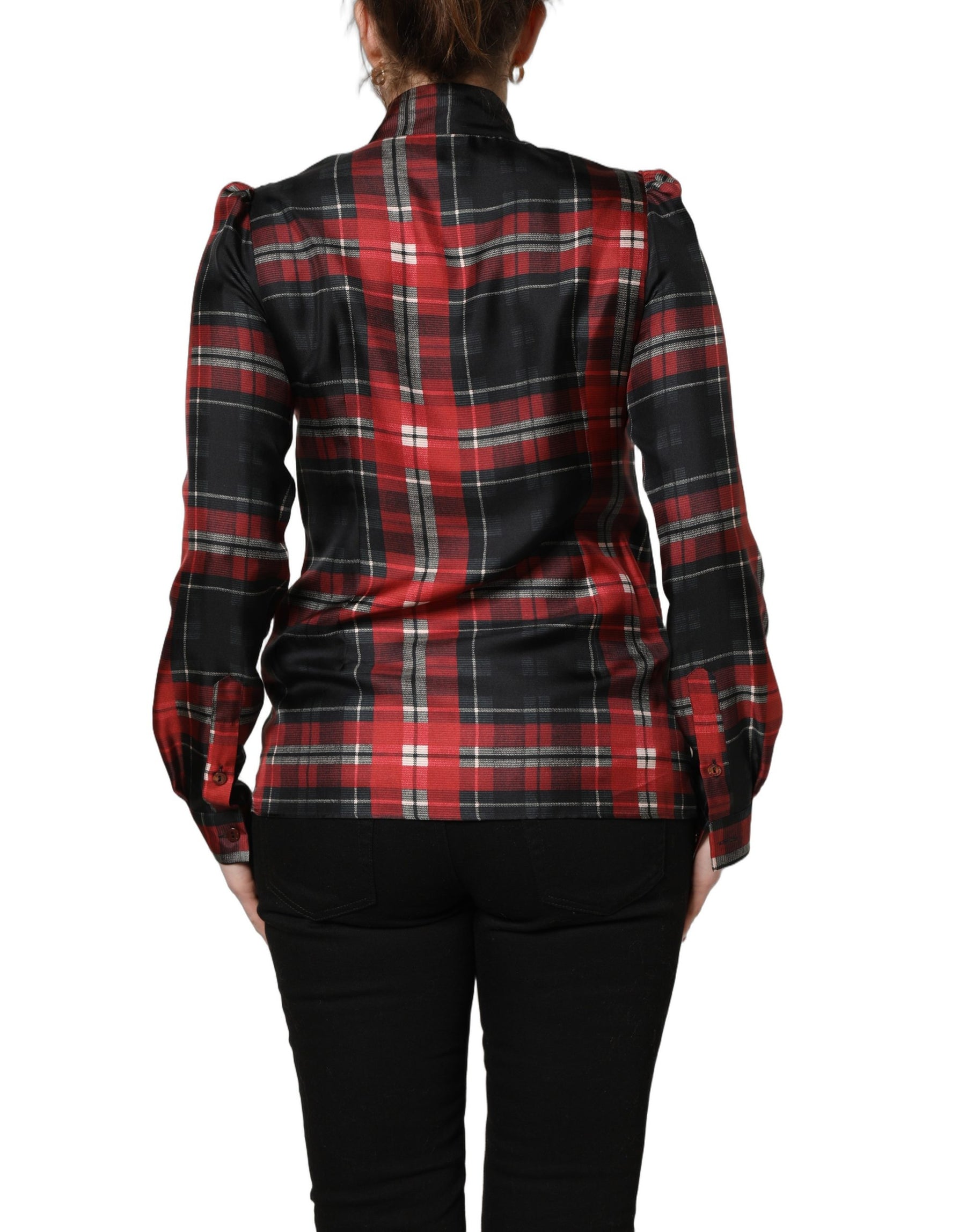 Dolce & Gabbana Red Black Plaid Silk Tie-Neck Blouse Top | Regal Royce