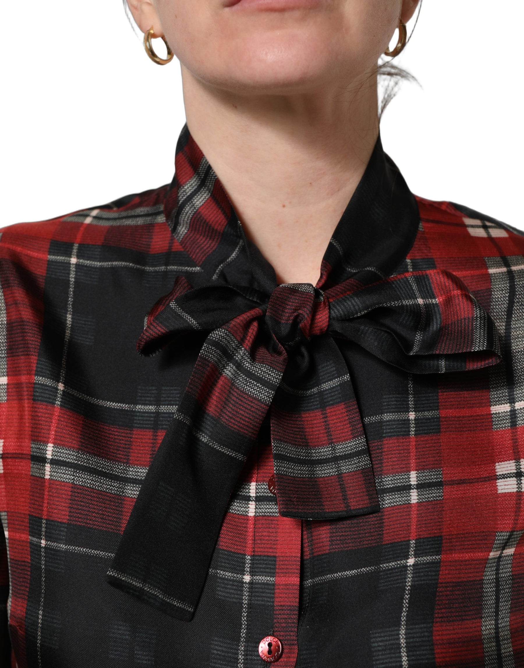 Dolce & Gabbana Red Black Plaid Silk Tie-Neck Blouse Top | Regal Royce