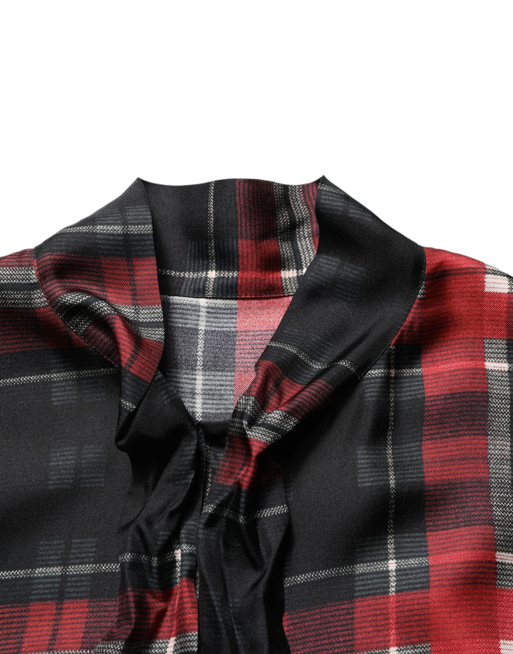 Dolce & Gabbana Red Black Plaid Silk Tie-Neck Blouse Top | Regal Royce