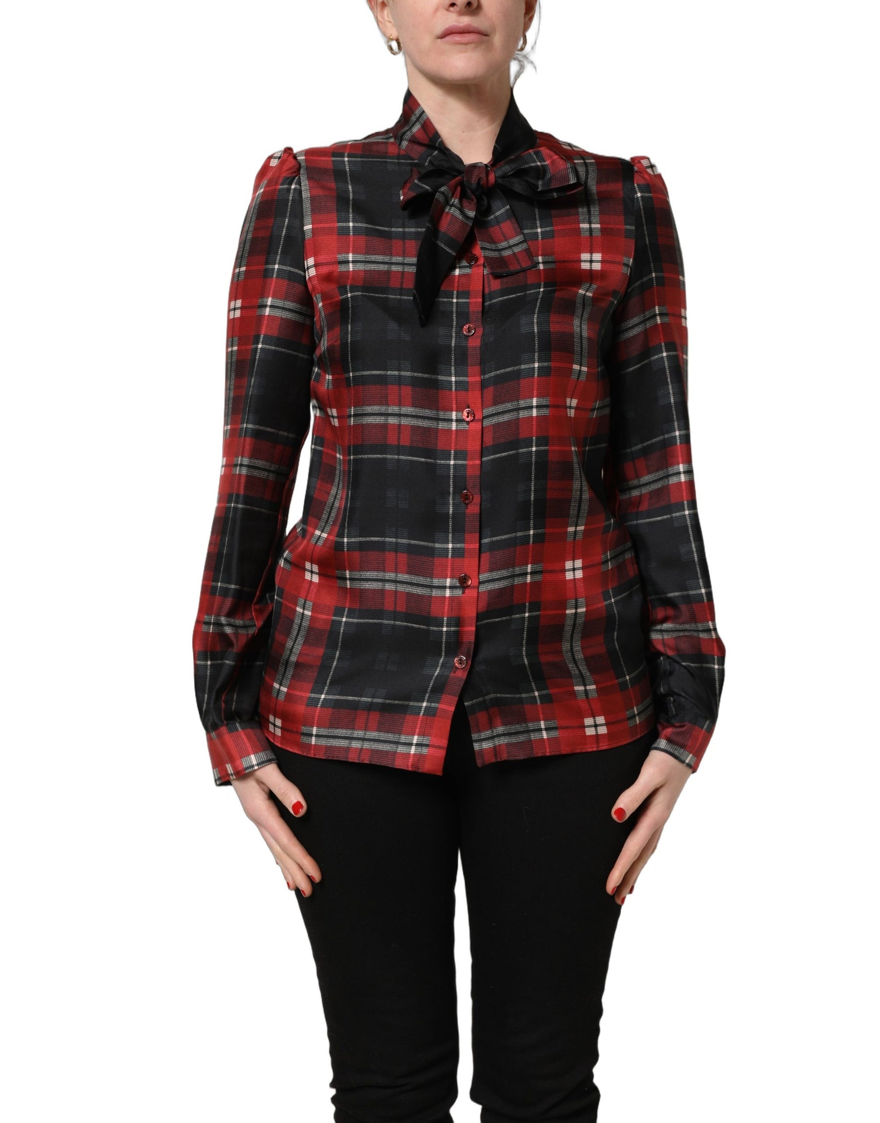 Dolce & Gabbana Red Black Plaid Silk Tie-Neck Blouse Top | Regal Royce