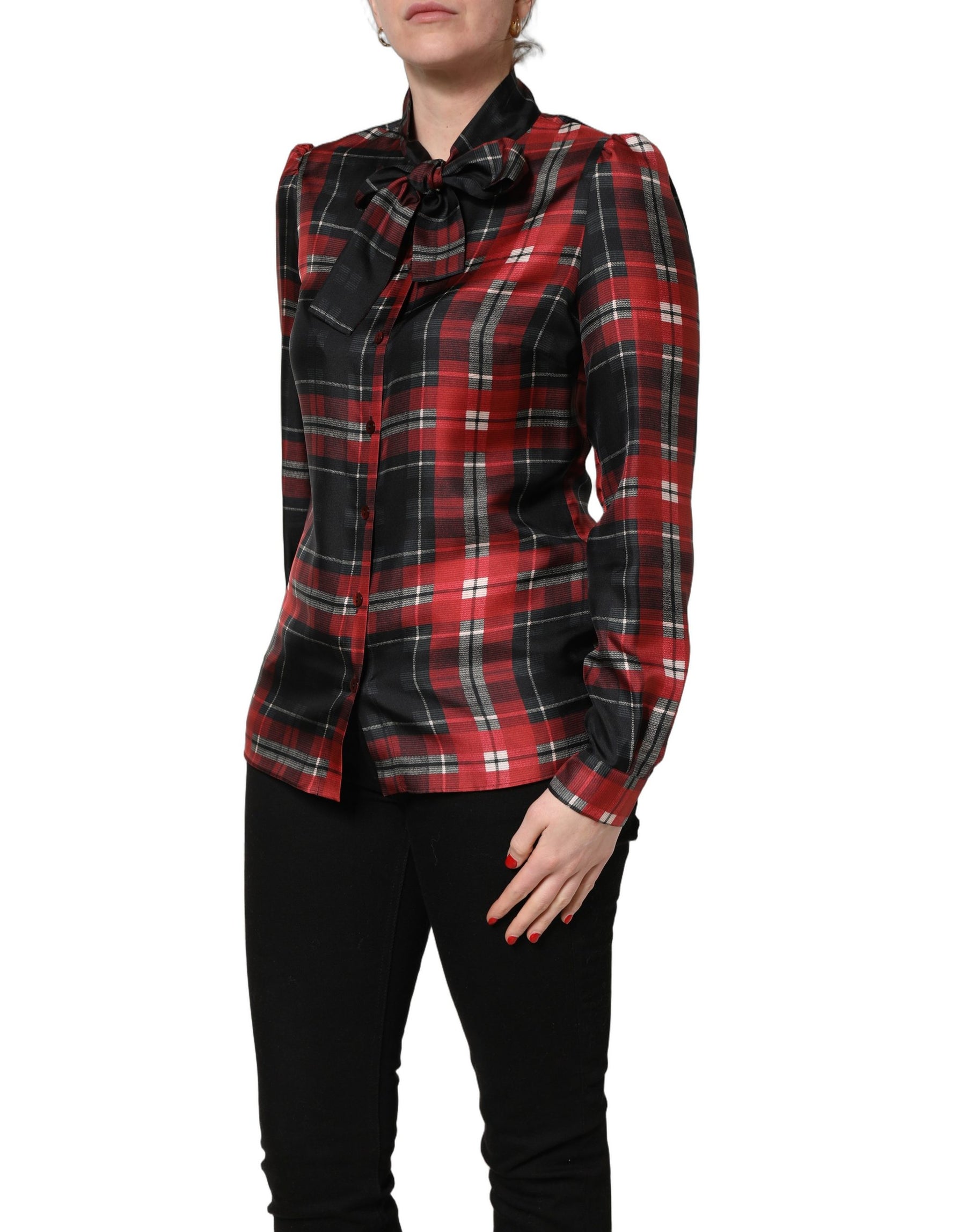 Dolce & Gabbana Red Black Plaid Silk Tie-Neck Blouse Top | Regal Royce
