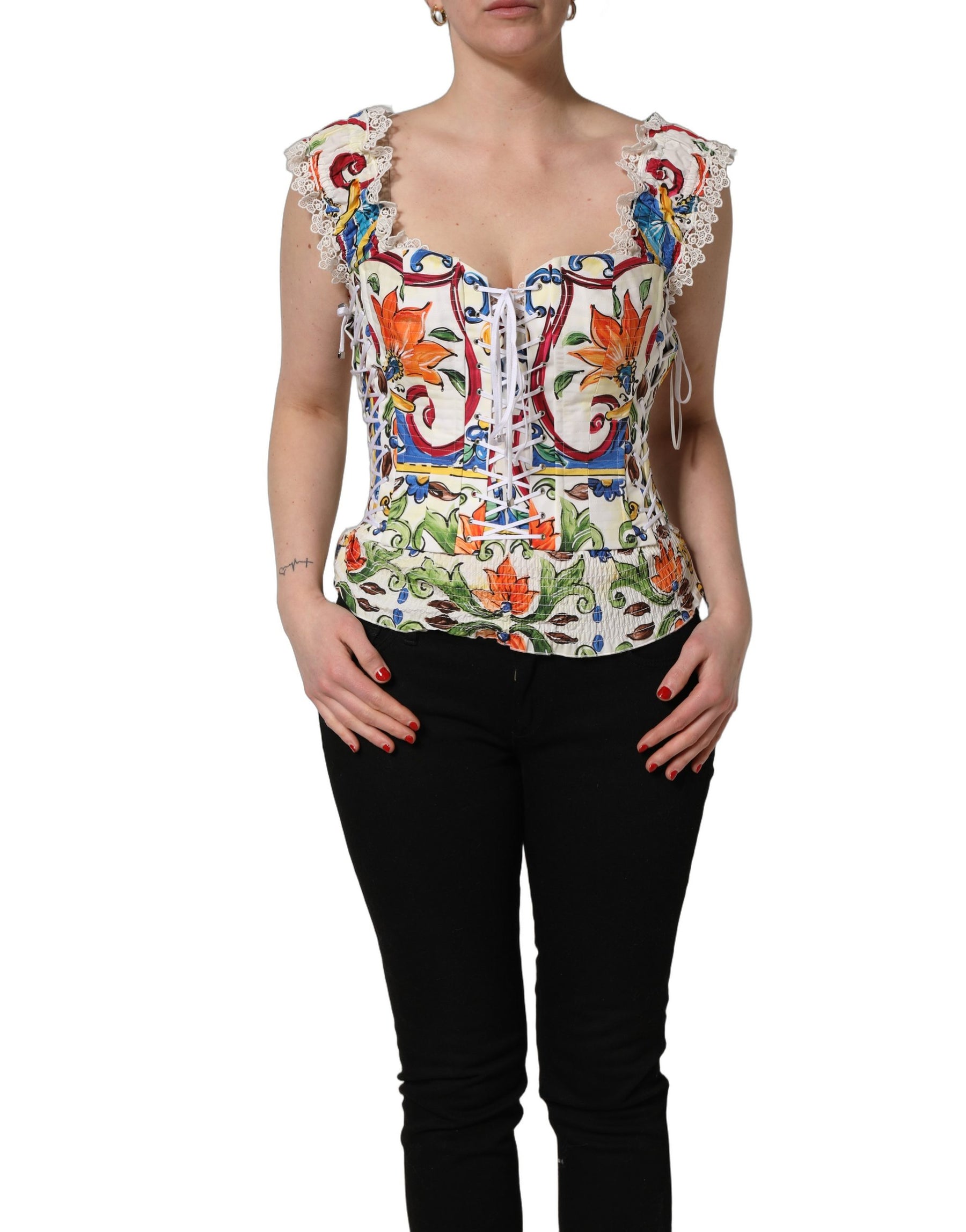 Dolce & Gabbana Multicolor Majolica Corset Sleeveless Top | Regal Royce