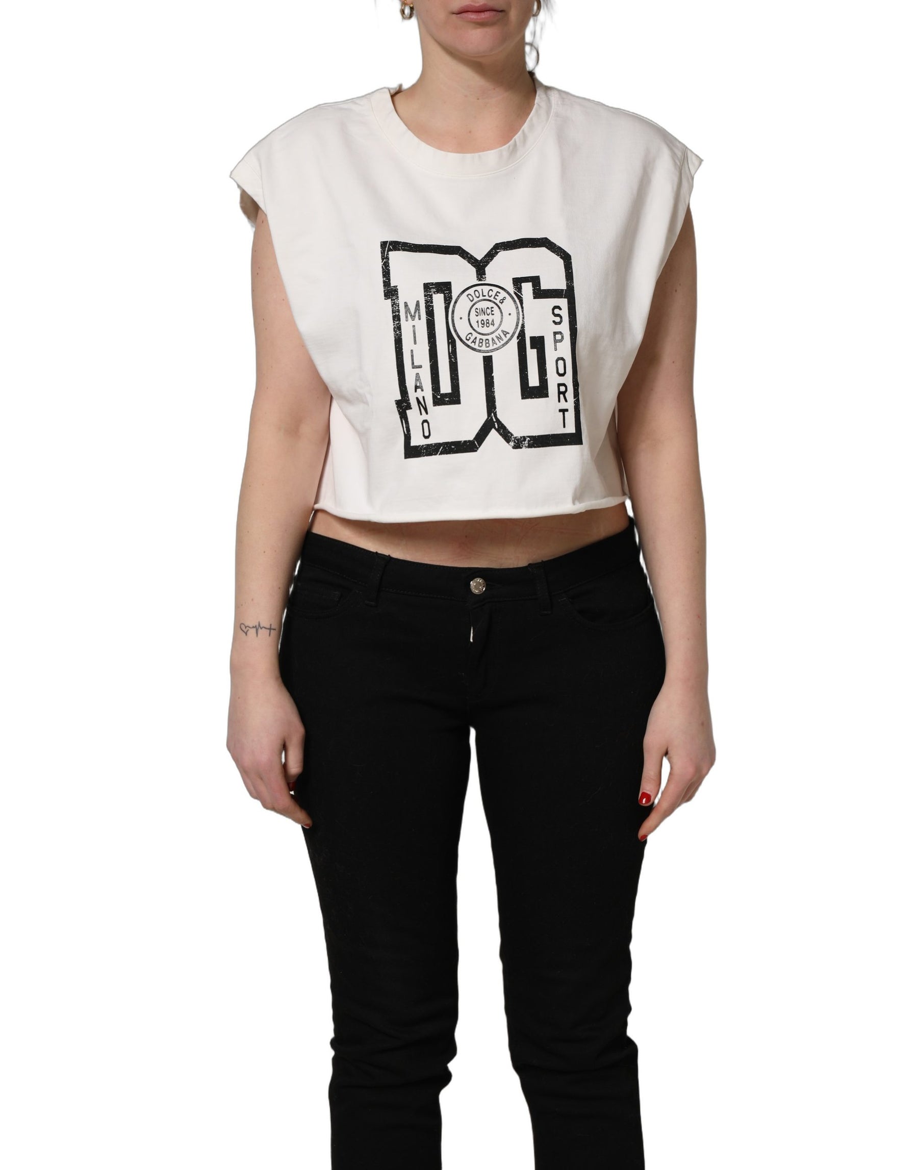 Dolce & Gabbana White Cotton DG Logo Print Cropped Jersey Top | Regal Royce