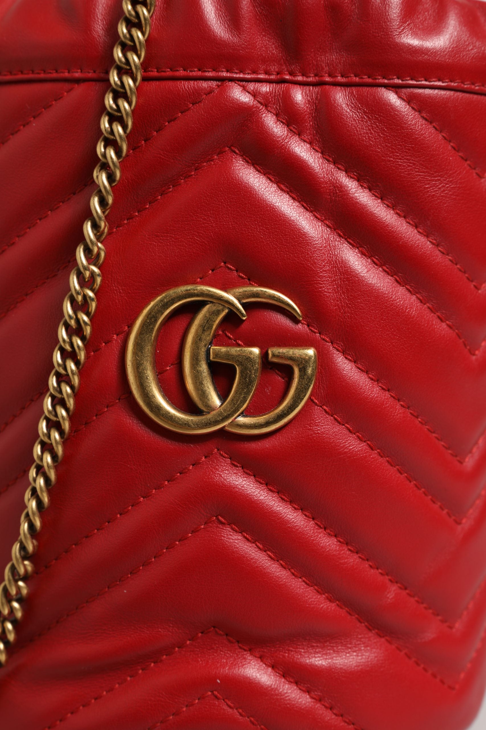 Gucci Red Chevron-quilted Calfskin Leather GG Marmont Bucket Bag | Regal Royce