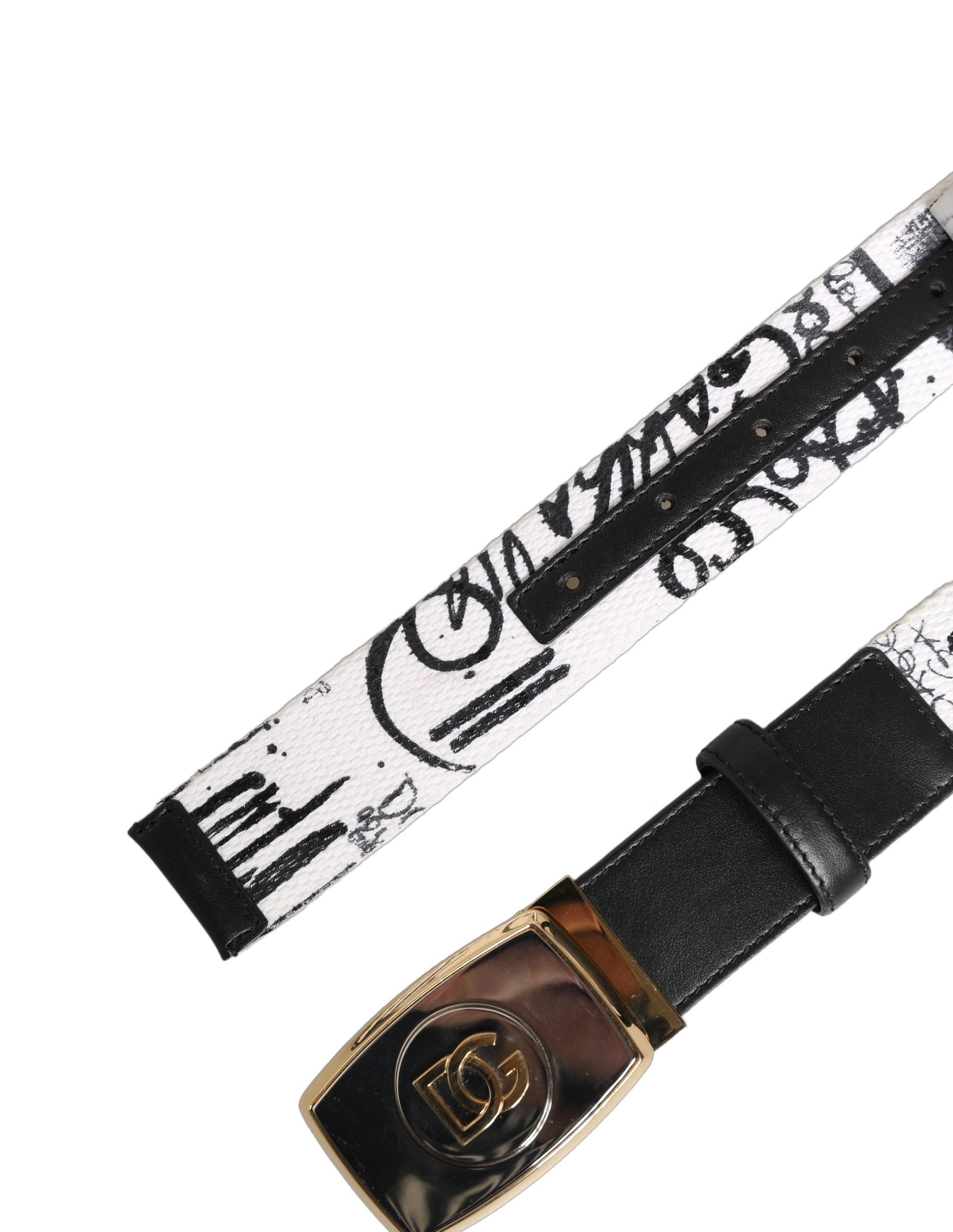 Dolce & Gabbana White Graffiti Print Gold Metal Buckle Belt | Regal Royce