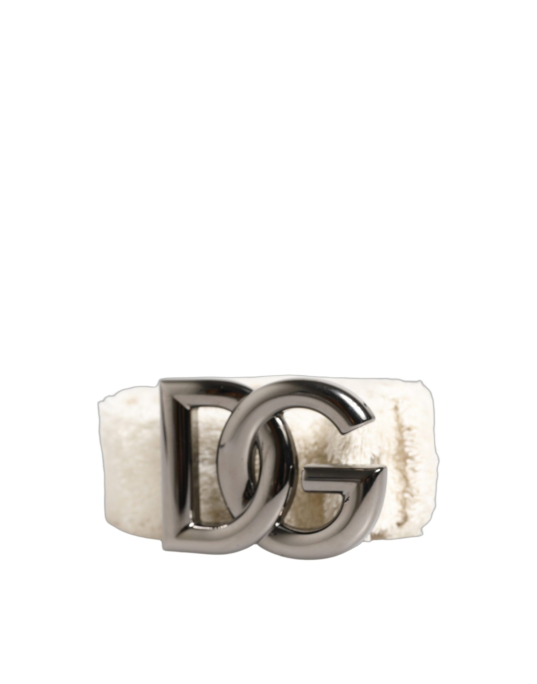 Dolce & Gabbana White Cotton Fleece DG Logo Metal Buckle Belt | Regal Royce
