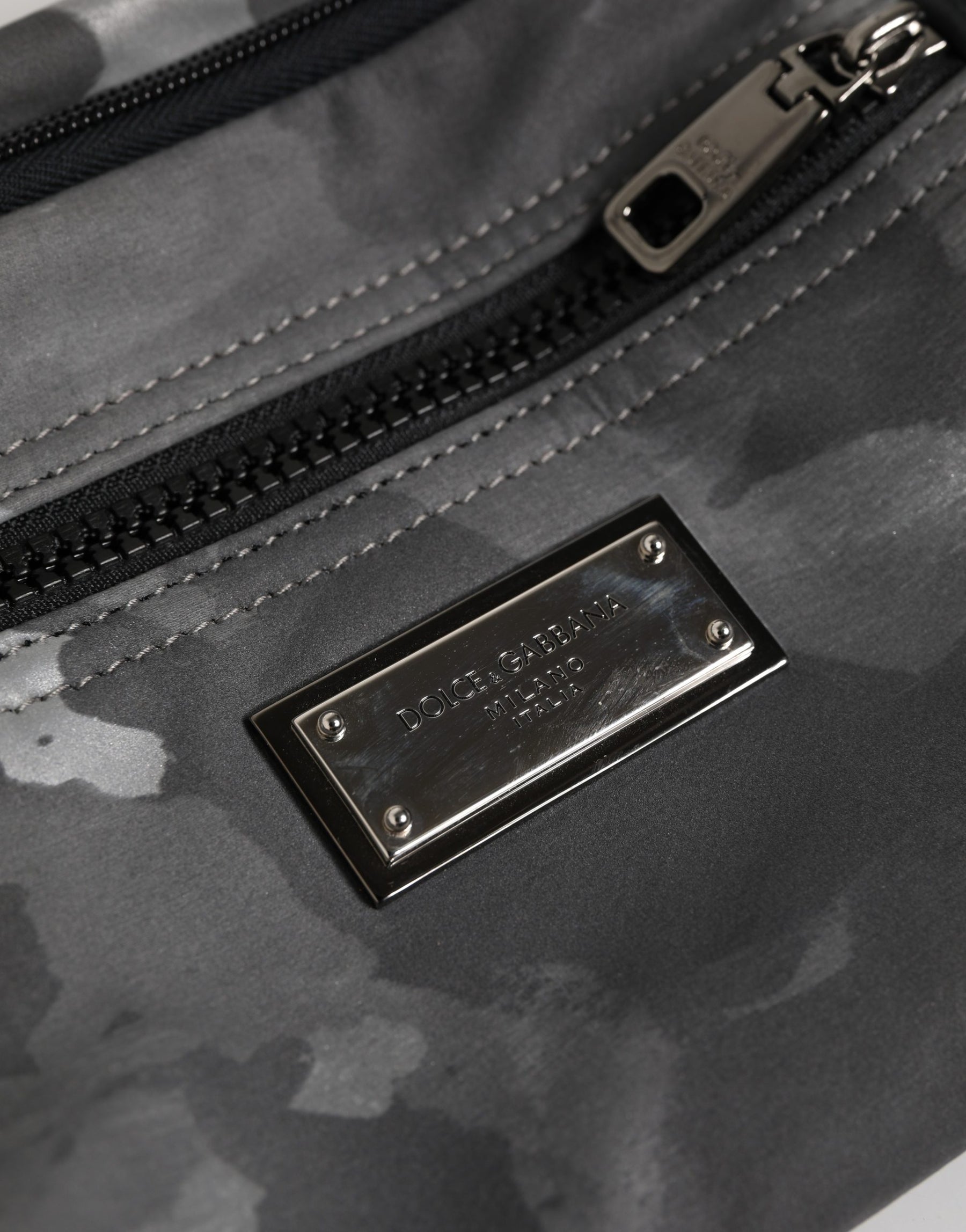Dolce & Gabbana Black Nylon Brass Plate Camouflage Waist Fanny Pack Bag | Regal Royce