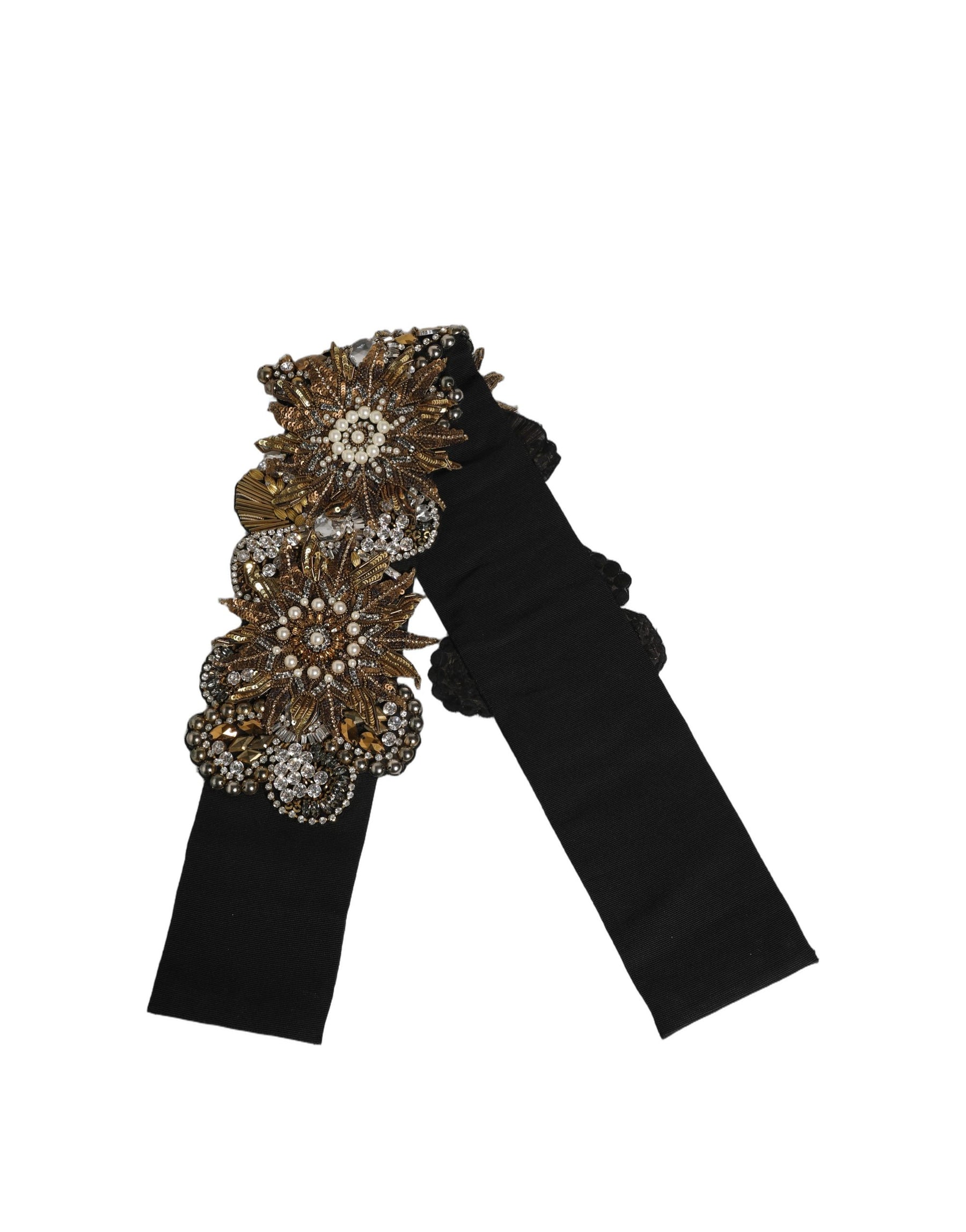 Dolce & Gabbana Black Gold Tone Crystal Brass Flower Brooches Belt | Regal Royce