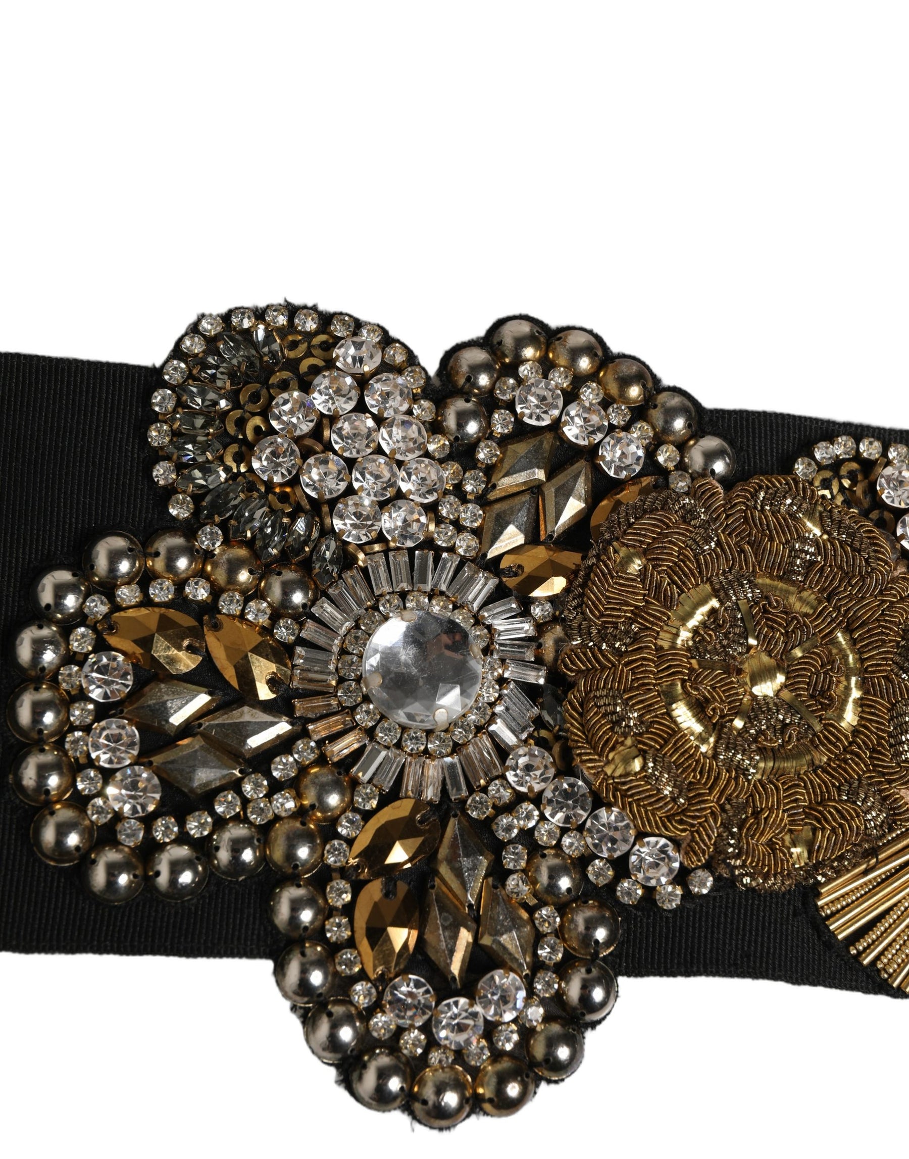 Dolce & Gabbana Black Gold Tone Crystal Brass Flower Brooches Belt | Regal Royce