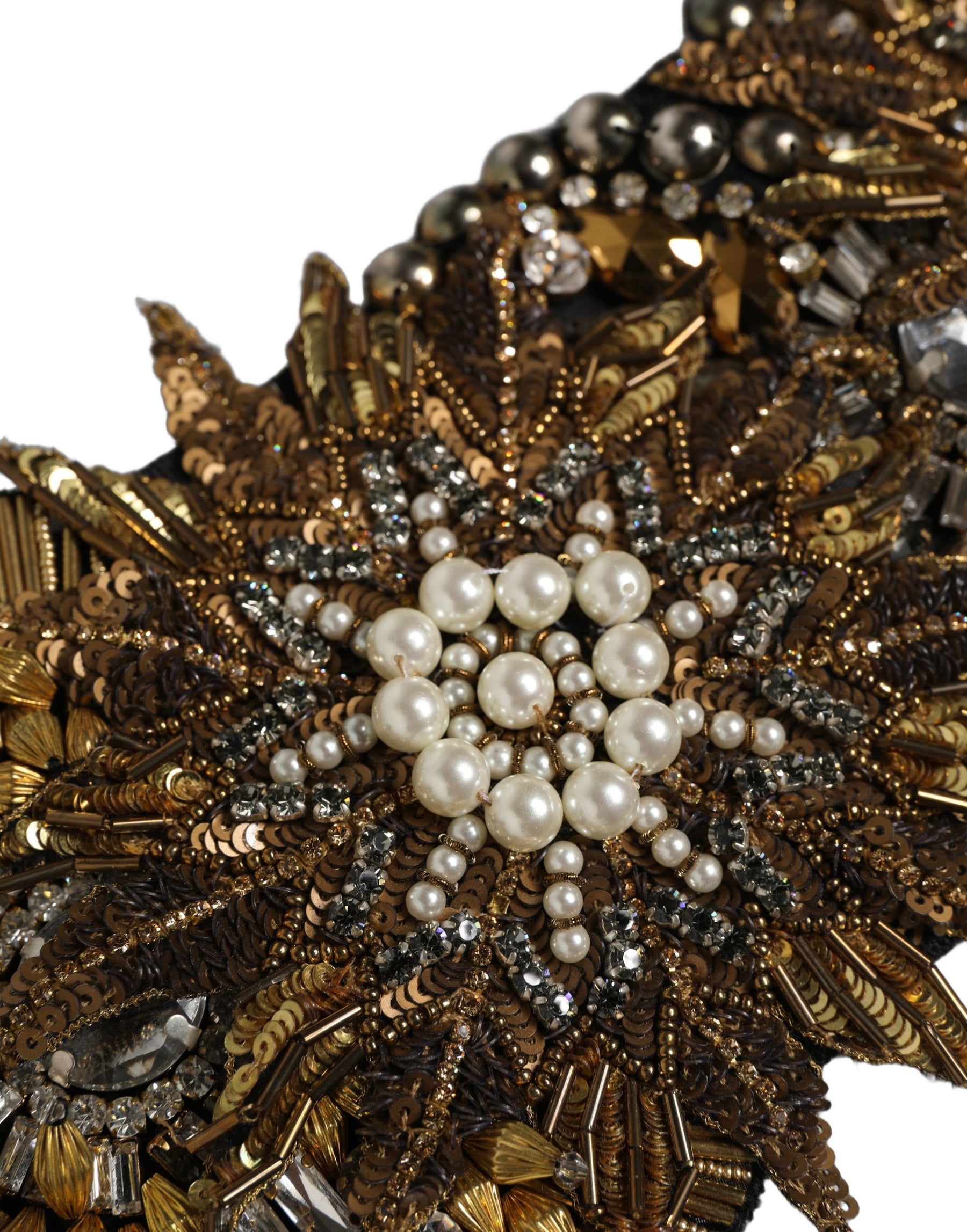 Dolce & Gabbana Black Gold Tone Crystal Brass Flower Brooches Belt | Regal Royce
