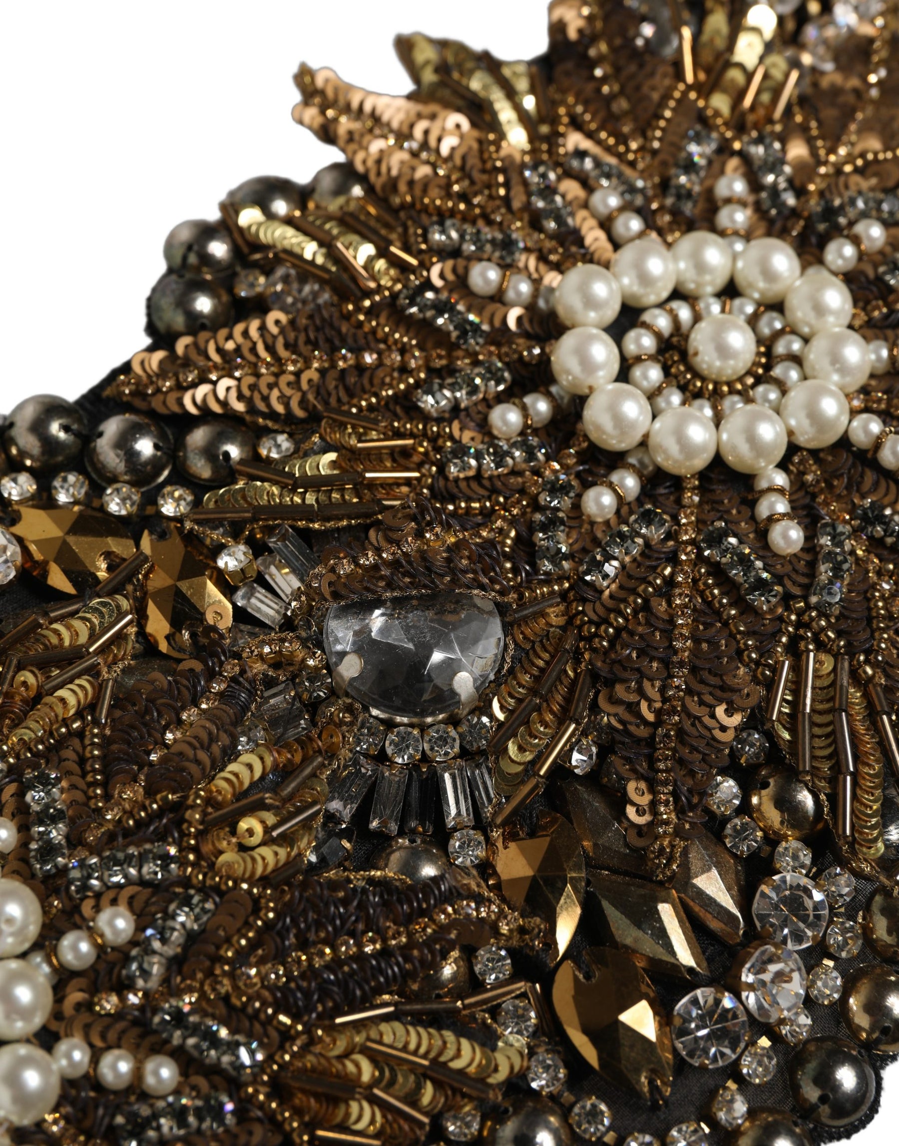 Dolce & Gabbana Black Gold Tone Crystal Brass Flower Brooches Belt | Regal Royce
