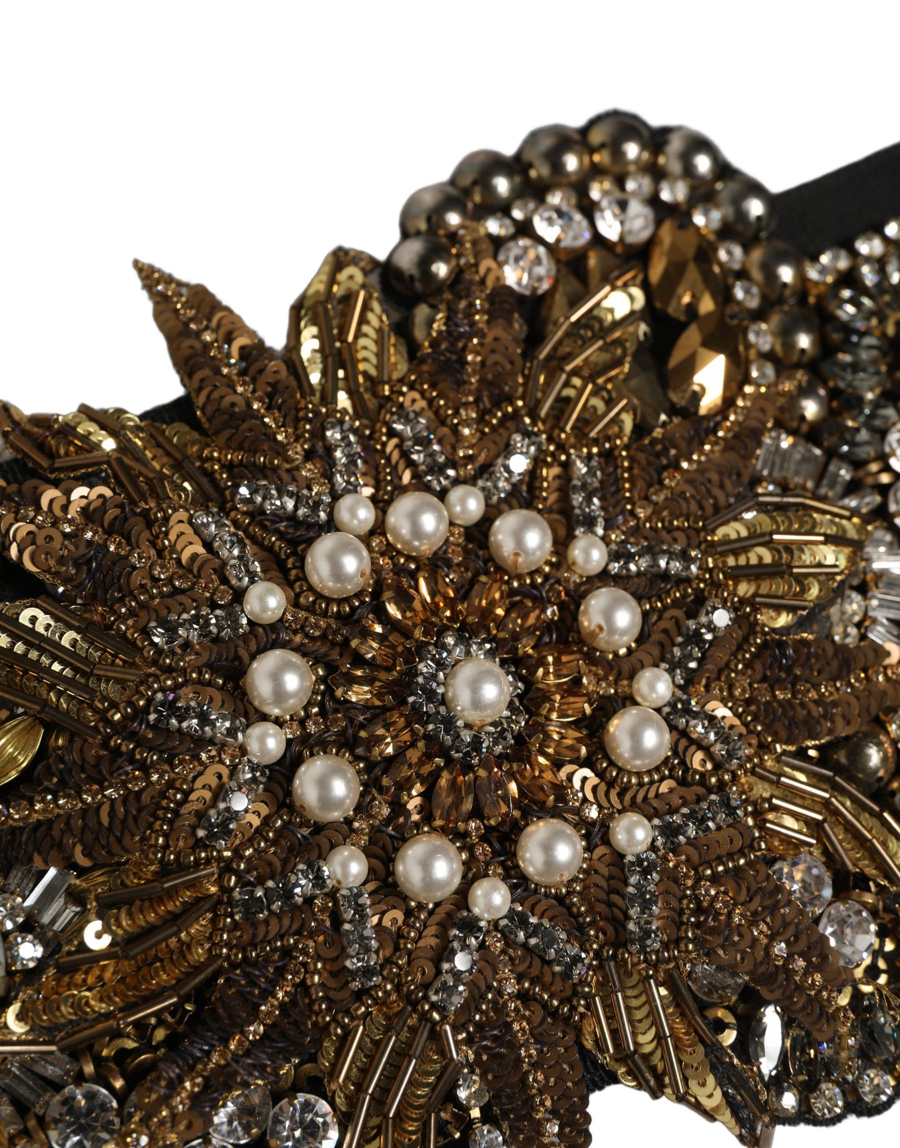 Dolce & Gabbana Black Gold Tone Crystal Brass Flower Brooches Belt | Regal Royce
