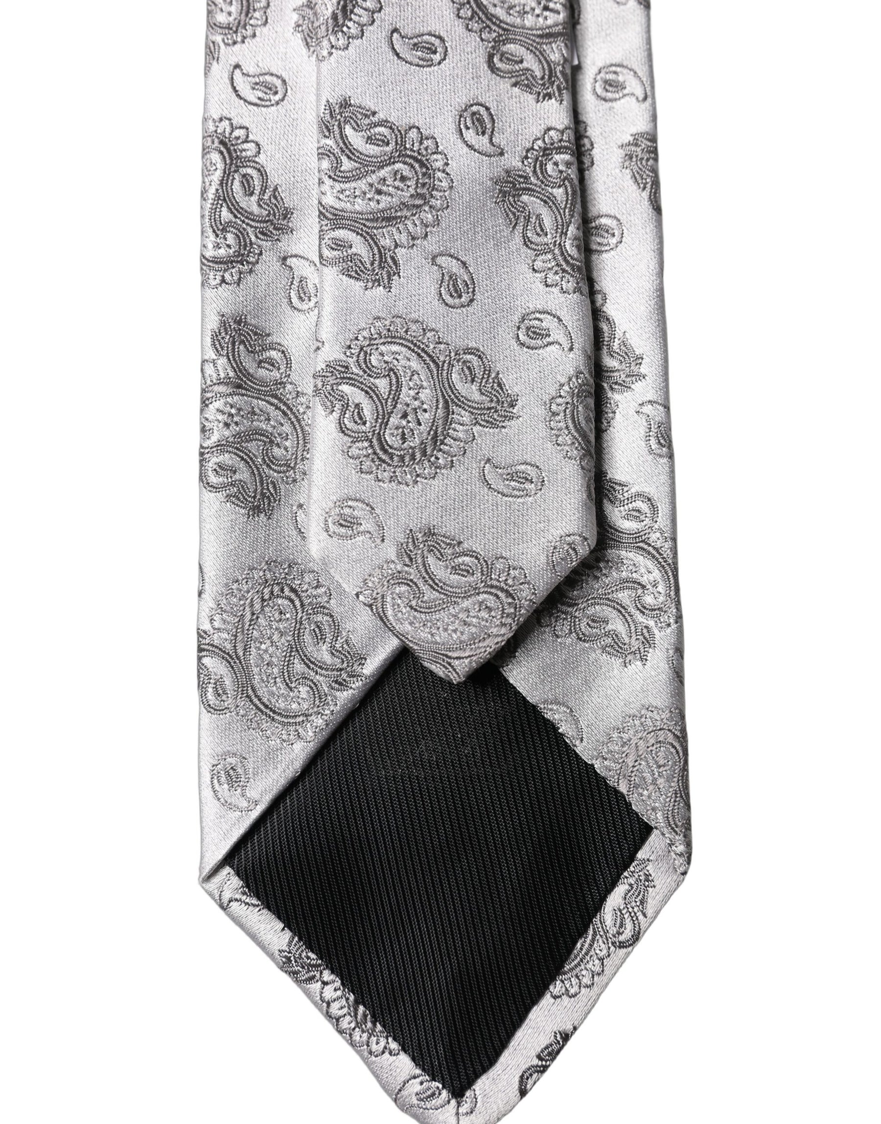 Dolce & Gabbana Silver Gray Paisley Silk Adjustable Men Tied Necktie Tie | Regal Royce