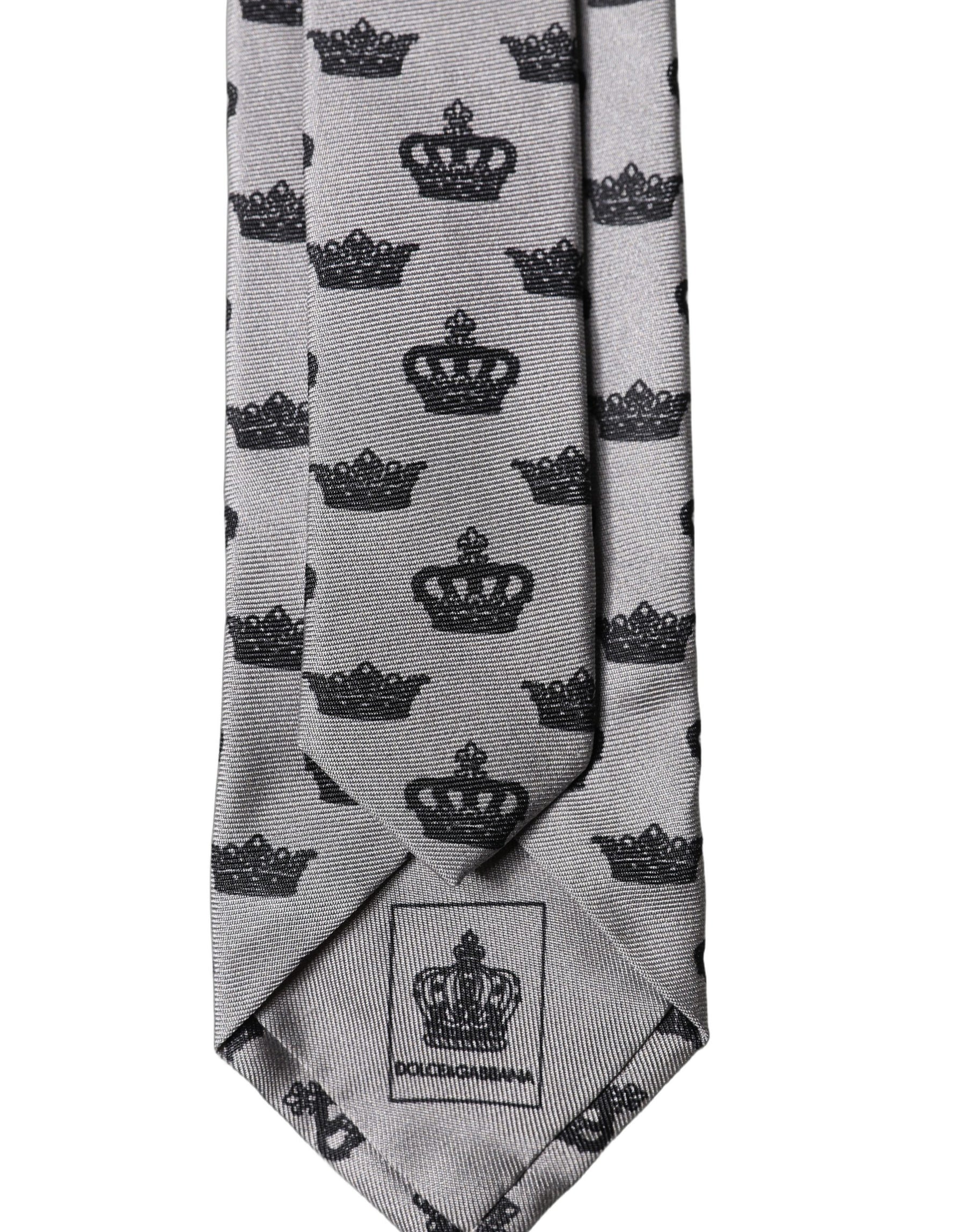 Dolce & Gabbana Gray Crown Fantasy Silk Adjustable Men Tied Necktie Tie | Regal Royce