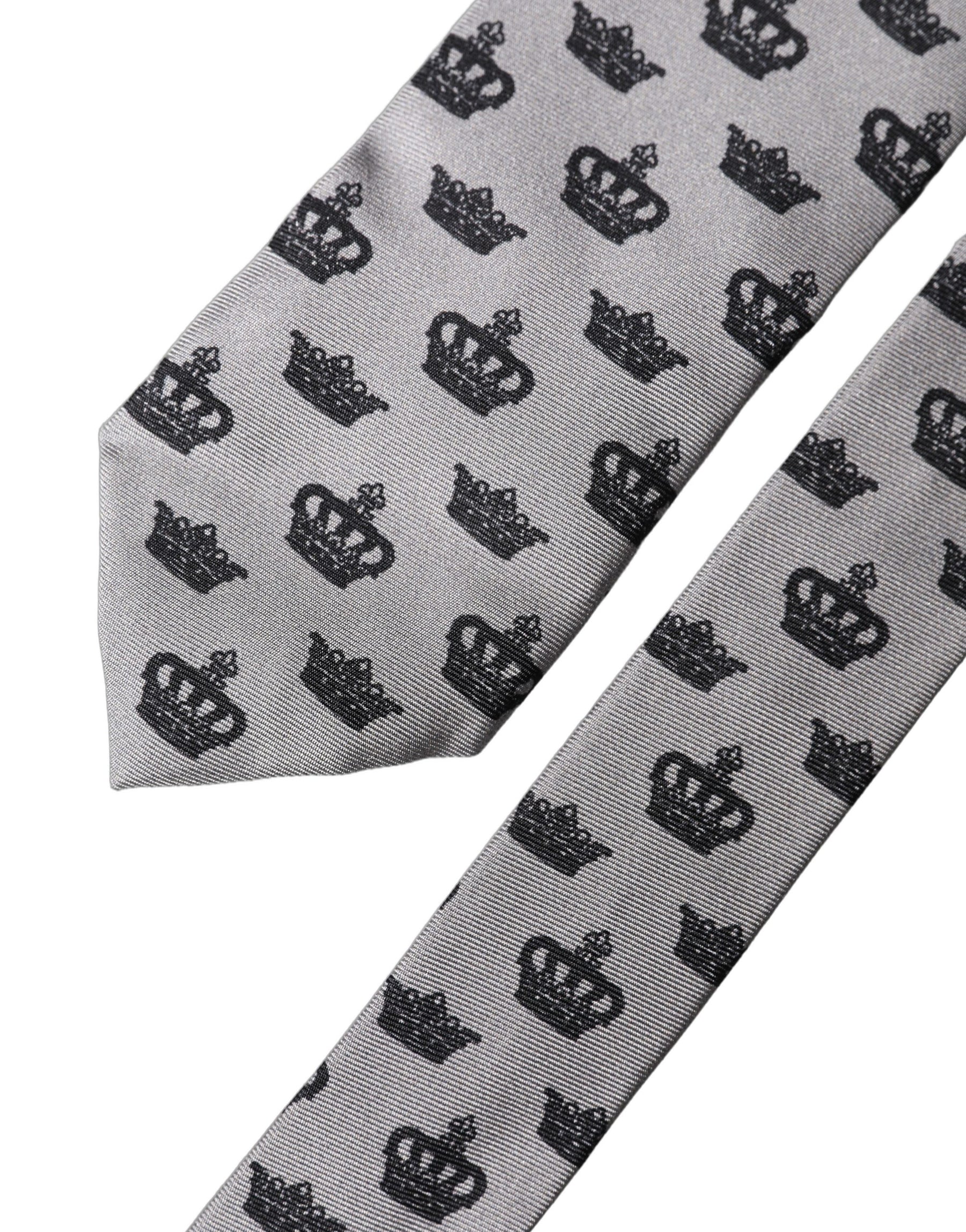 Dolce & Gabbana Gray Crown Fantasy Silk Adjustable Men Tied Necktie Tie | Regal Royce