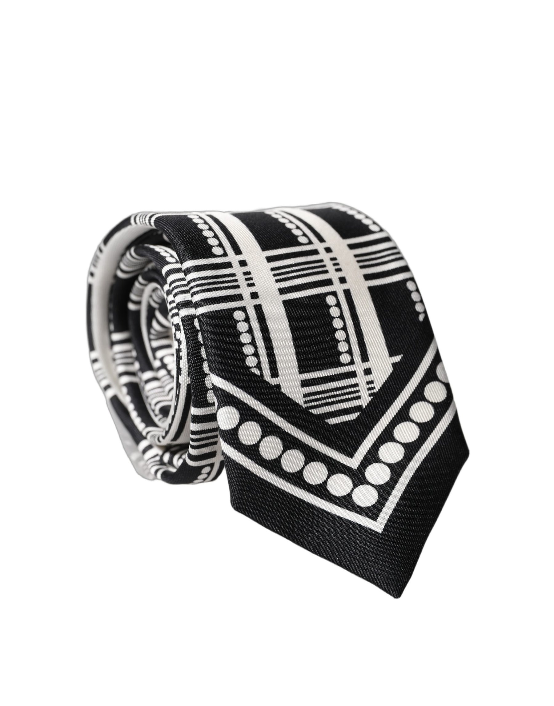 Dolce & Gabbana Black White Abstract Silk Adjustable Men Tied Necktie Tie | Regal Royce