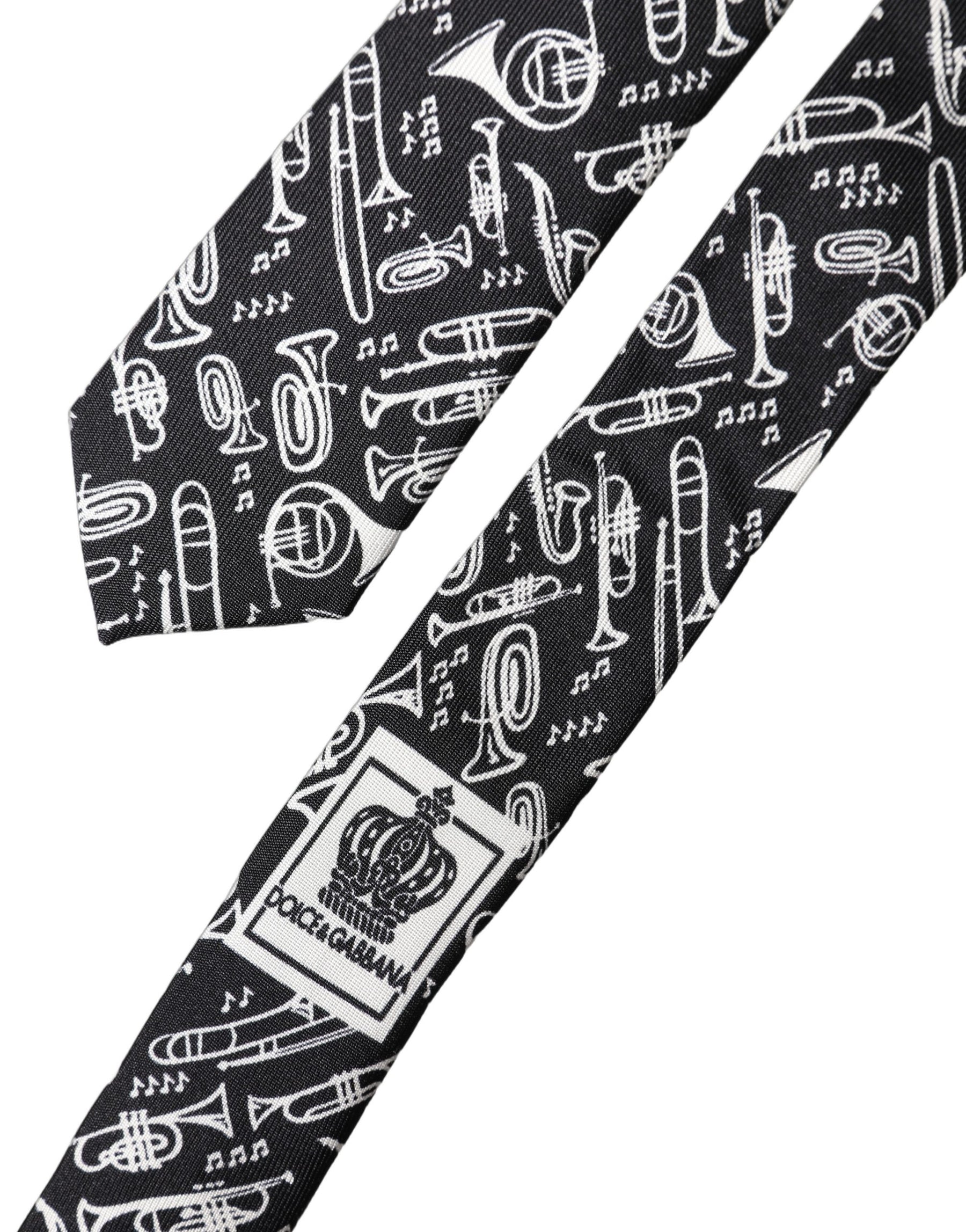 Dolce & Gabbana Black Trumpet Print Silk Adjustable Men Tied Necktie Tie | Regal Royce