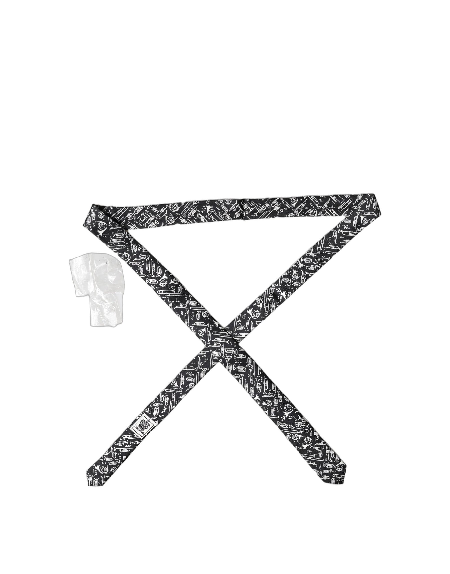 Dolce & Gabbana Black Trumpet Print Silk Adjustable Men Tied Necktie Tie | Regal Royce
