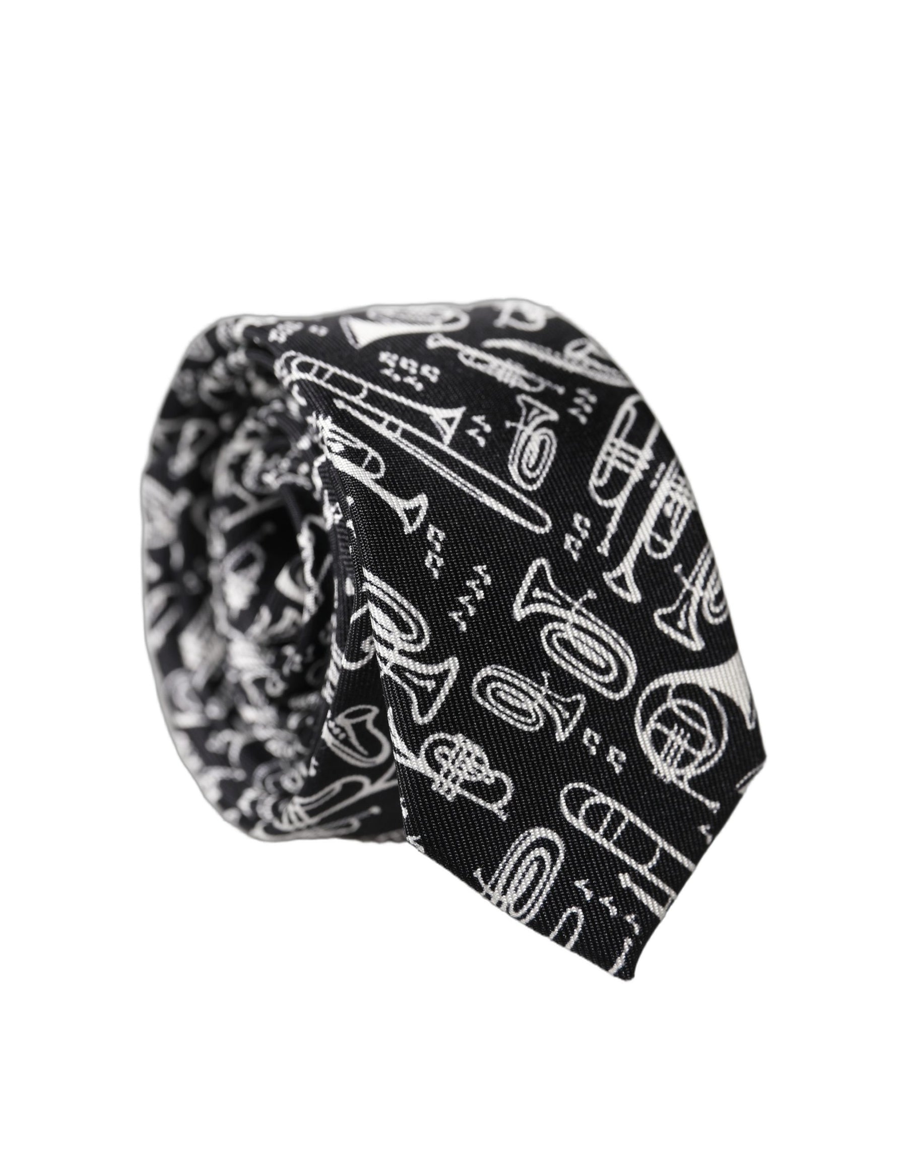 Dolce & Gabbana Black Trumpet Print Silk Adjustable Men Tied Necktie Tie | Regal Royce