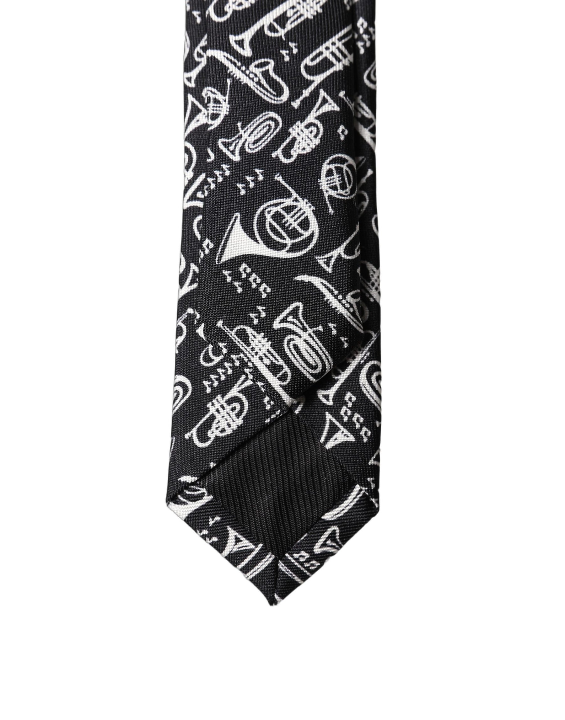 Dolce & Gabbana Black Trumpet Print Silk Adjustable Men Tied Necktie Tie | Regal Royce