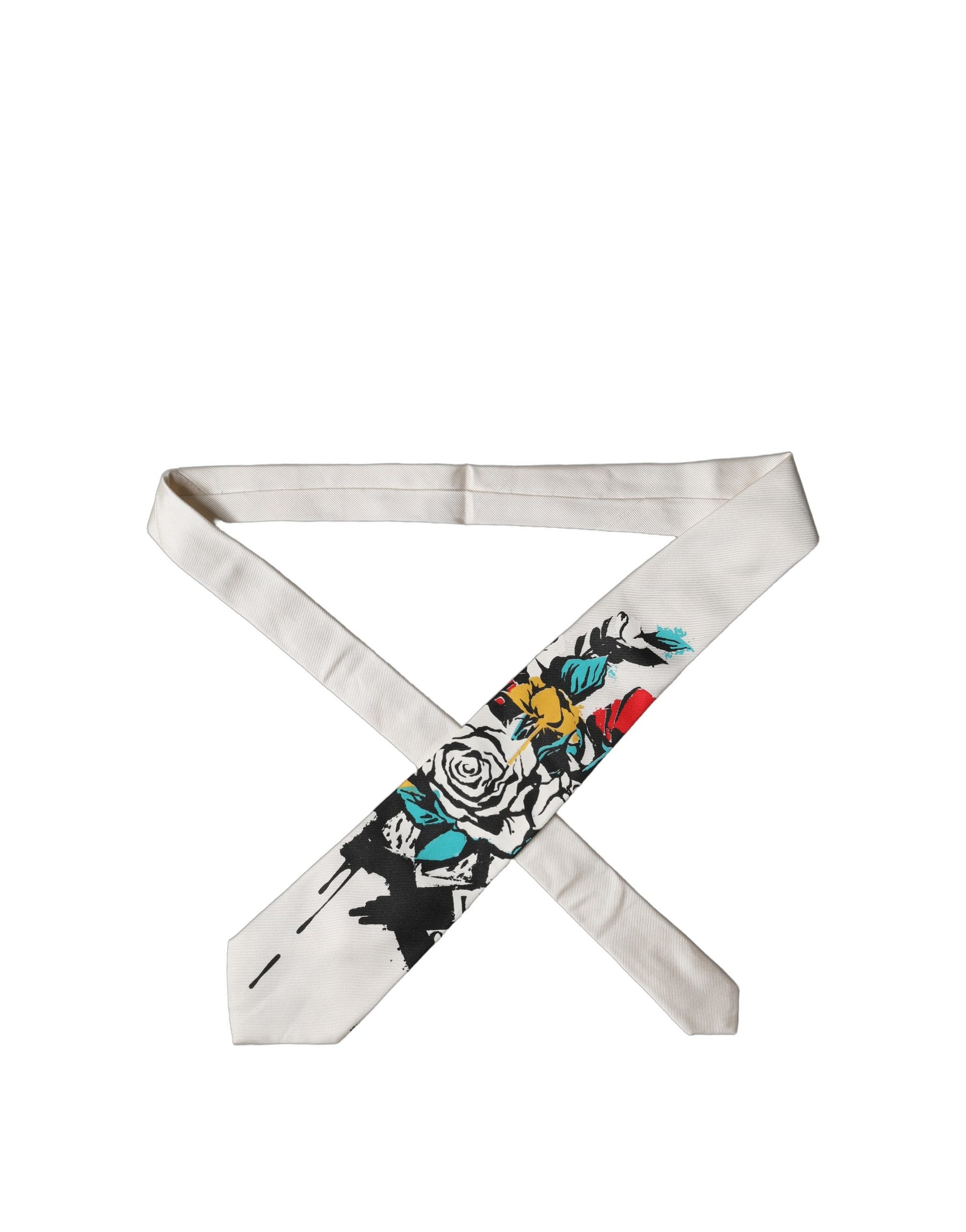 Dolce & Gabbana White Tattoo Floral Silk Adjustable Men Tied Necktie Tie | Regal Royce