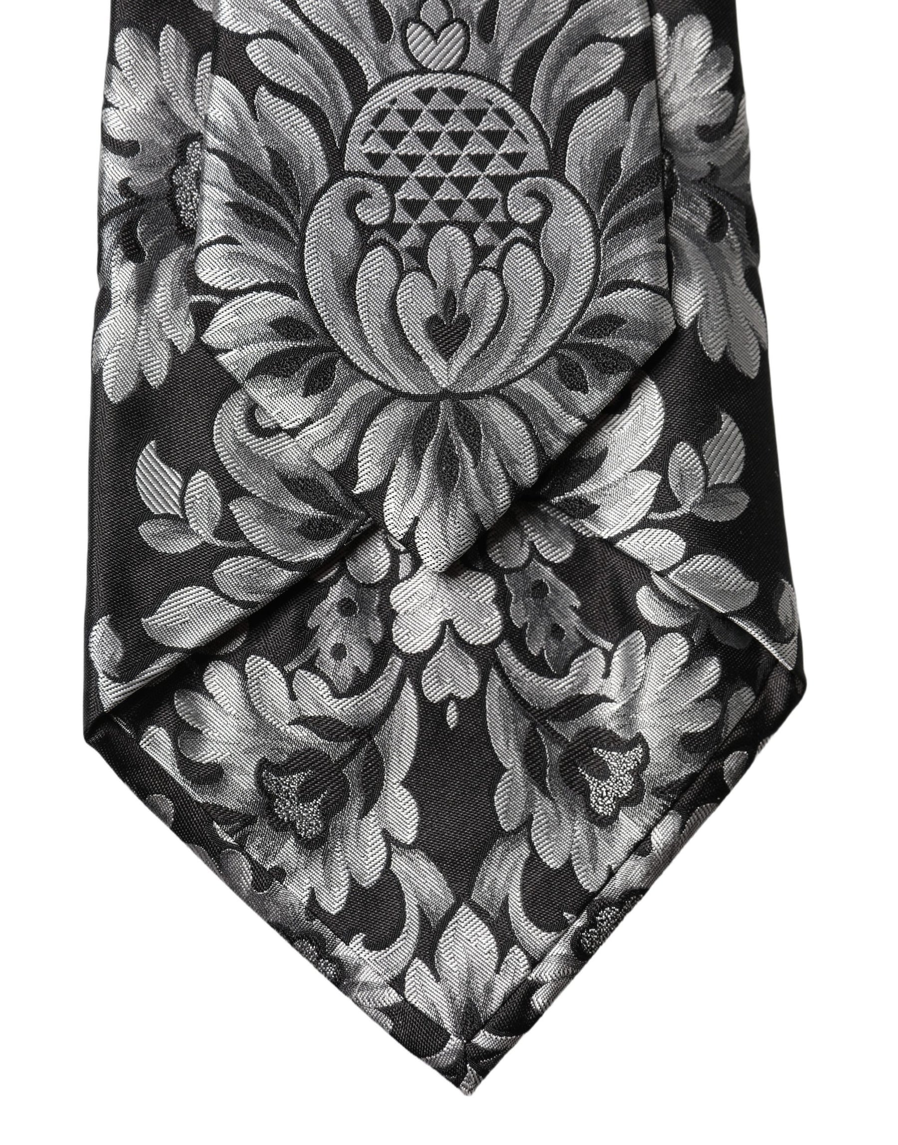Dolce & Gabbana Black Silver Floral Silk Adjustable Women Necktie Tie | Regal Royce