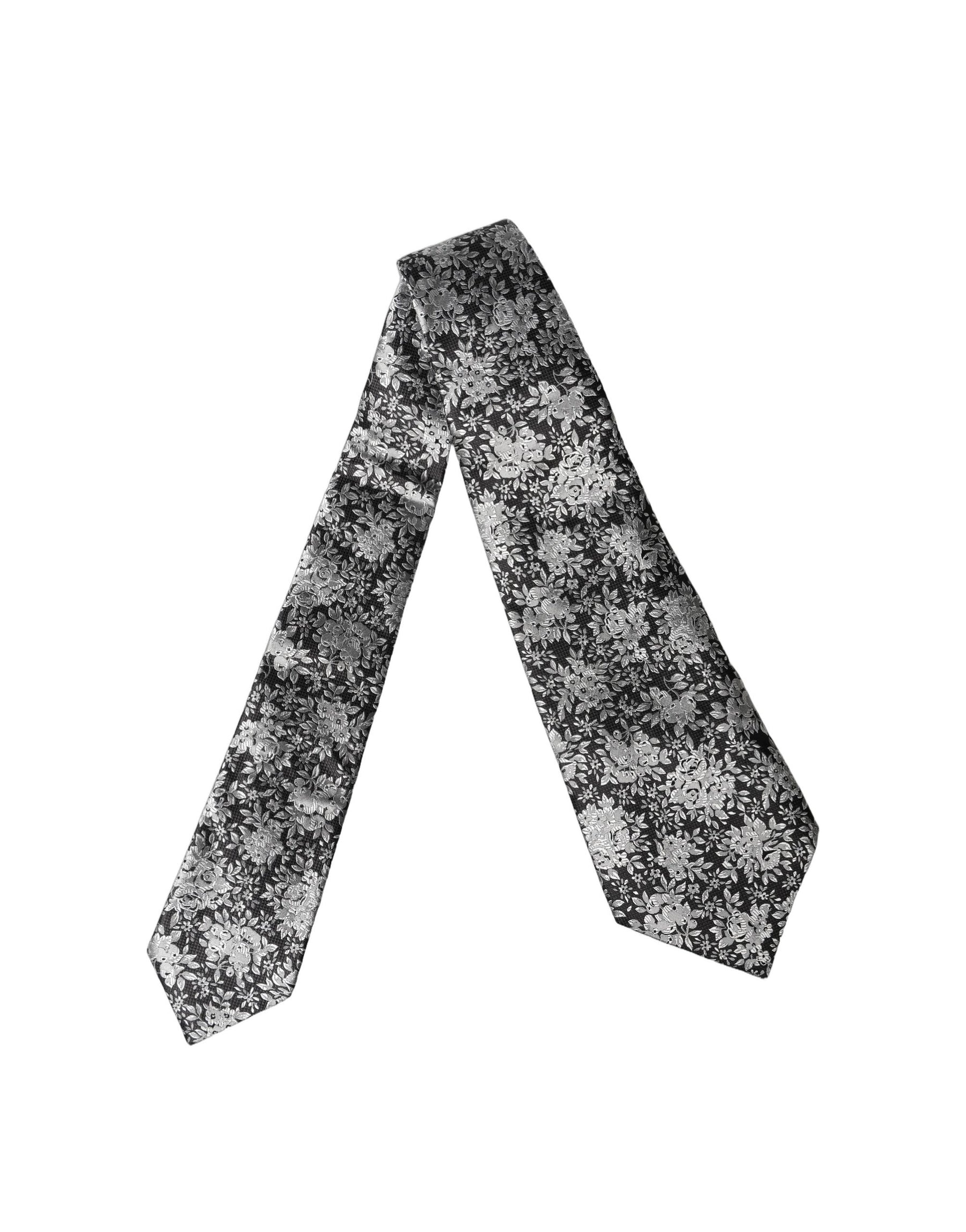 Dolce & Gabbana Black Silver Floral Silk Adjustable Women Necktie Tie | Regal Royce