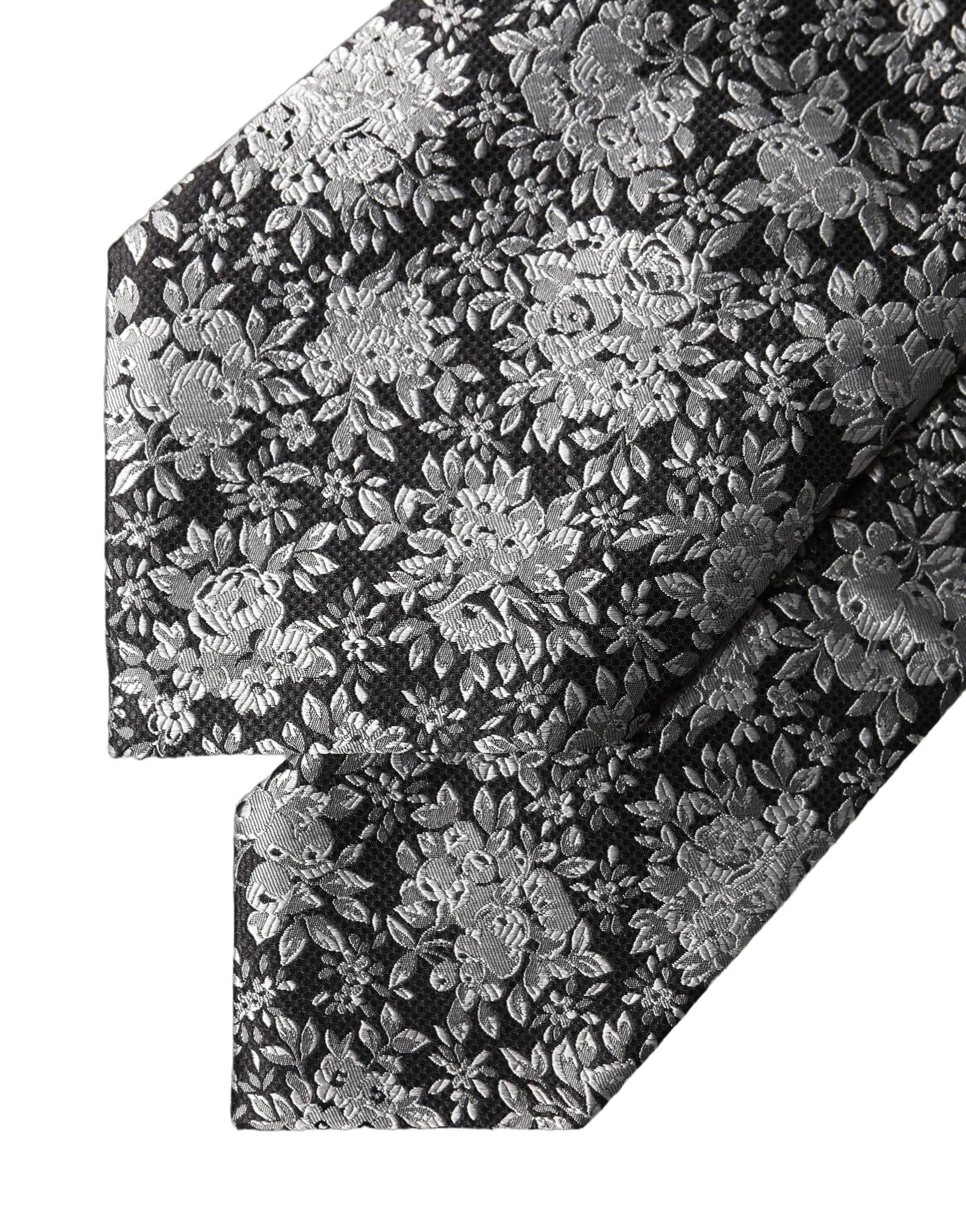 Dolce & Gabbana Black Silver Floral Silk Adjustable Women Necktie Tie | Regal Royce