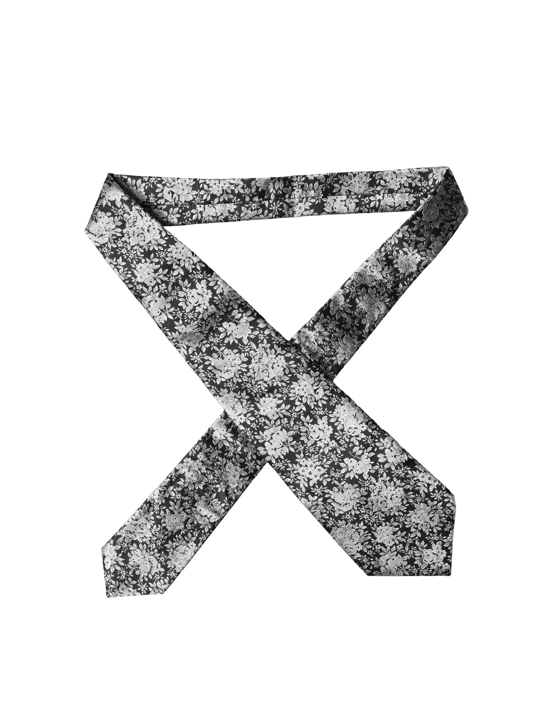 Dolce & Gabbana Black Silver Floral Silk Adjustable Women Necktie Tie | Regal Royce