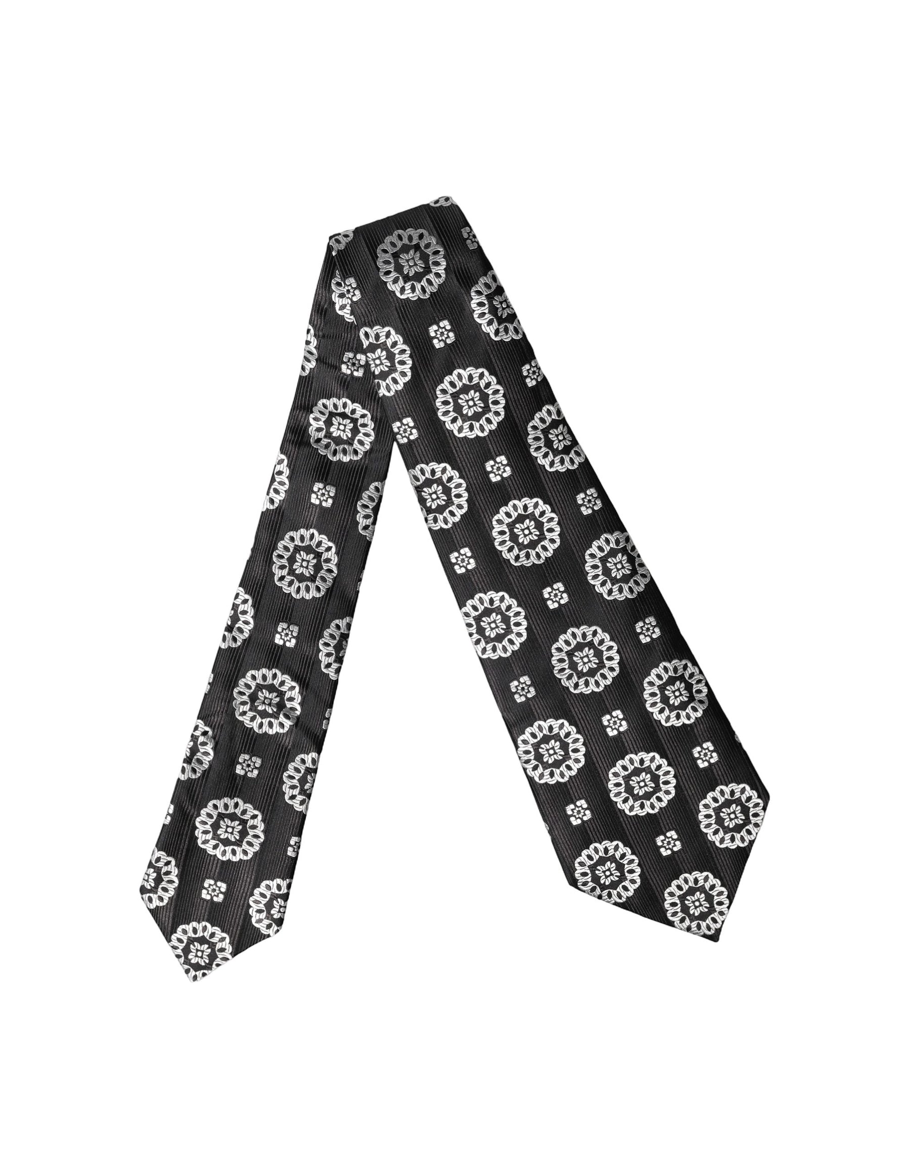Dolce & Gabbana Black White Floral Silk Adjustable Women Necktie Tie | Regal Royce